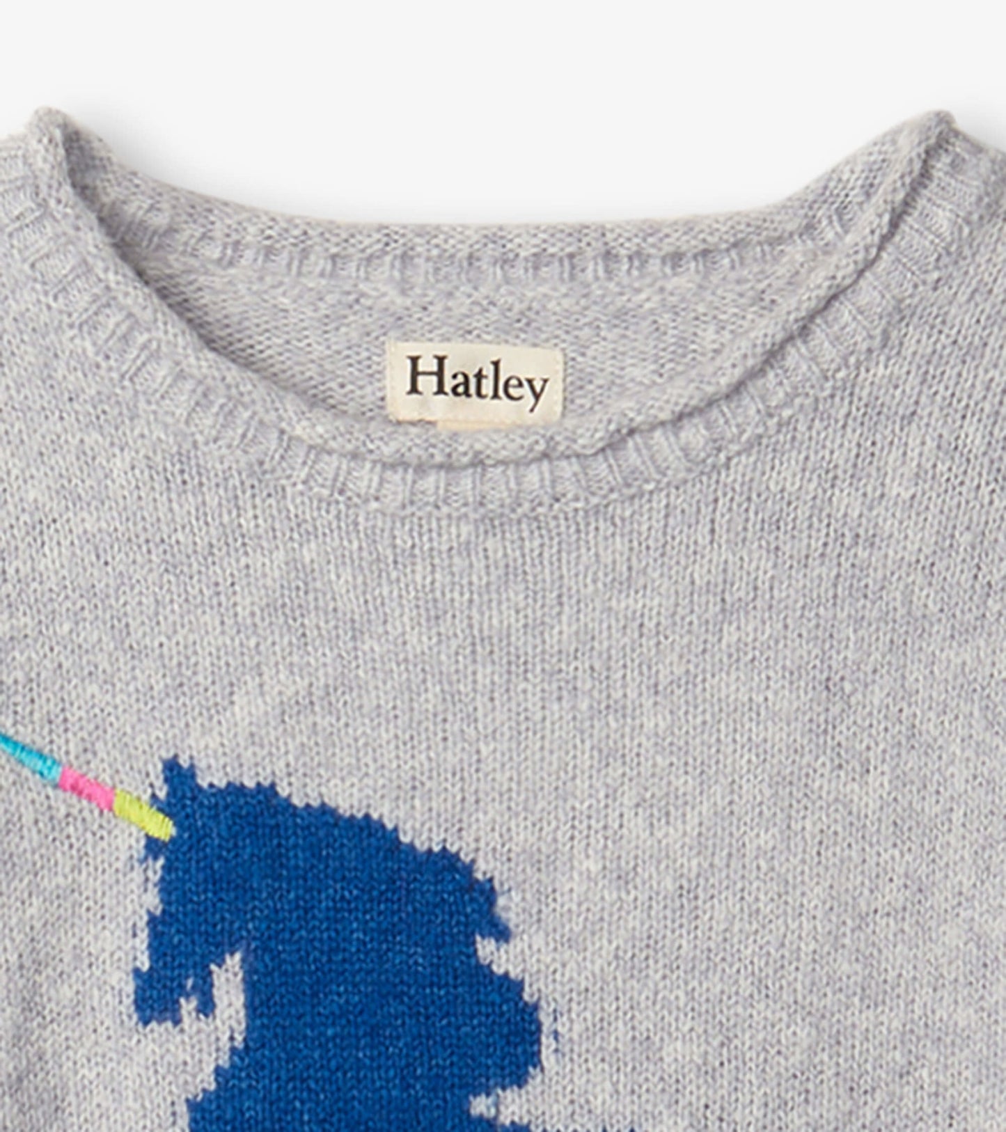 Gray sweater dress featuring a blue unicorn design with a colorful horn, perfect for casual wear.