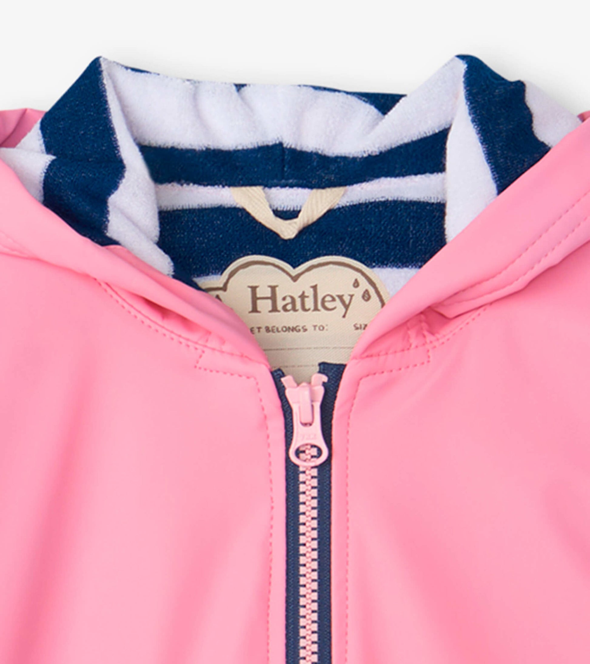 Classic pink zip-up rain jacket with a striped lining and hood, ideal for wet weather.