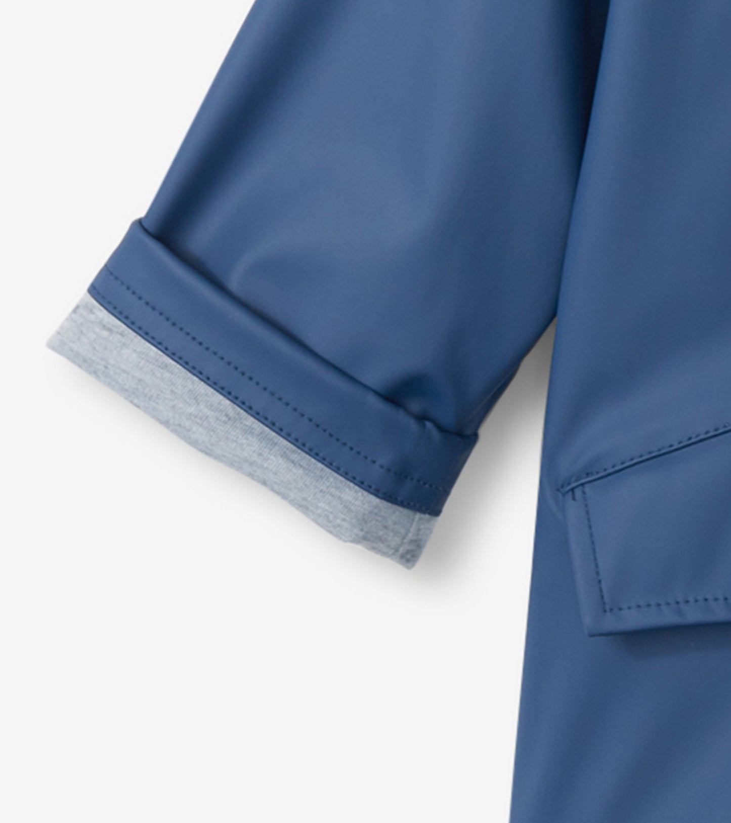 Navy zip-up rain jacket with yellow accents and gray cuffs, designed for kids.