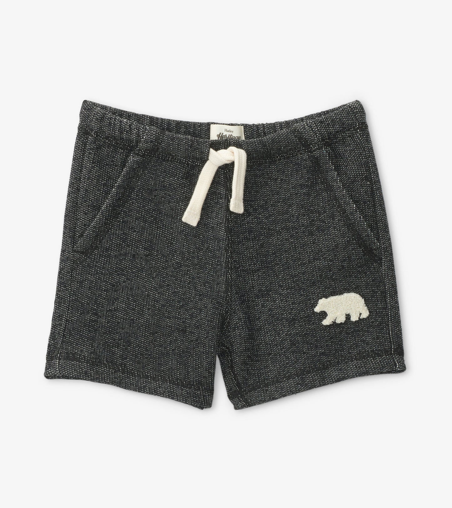 Charcoal gray kids' shorts with a bear applique, elastic waistband, and side pockets. Ideal for casual wear.