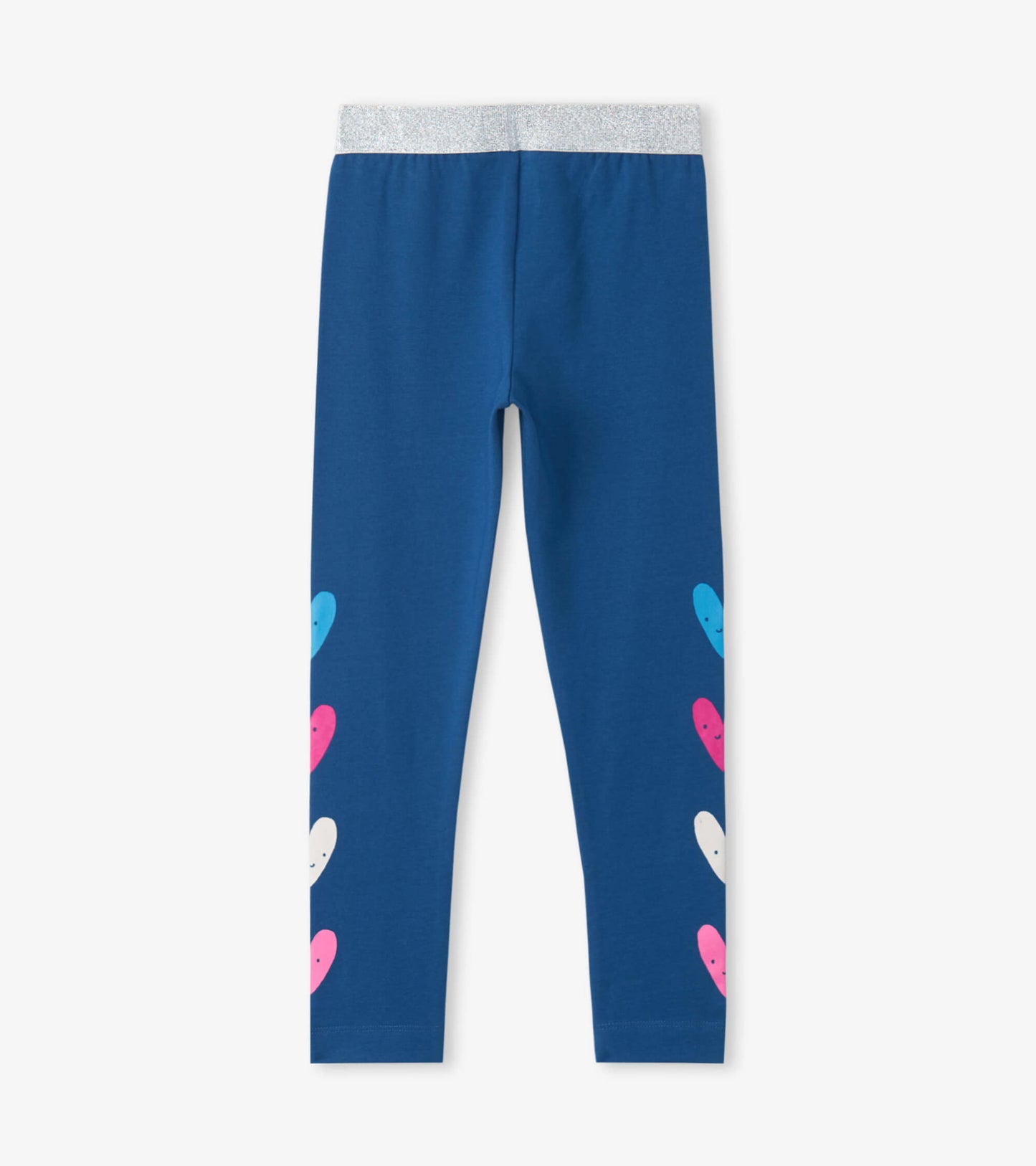 Blue leggings featuring colorful heart patterns along the sides and a sparkly waistband.