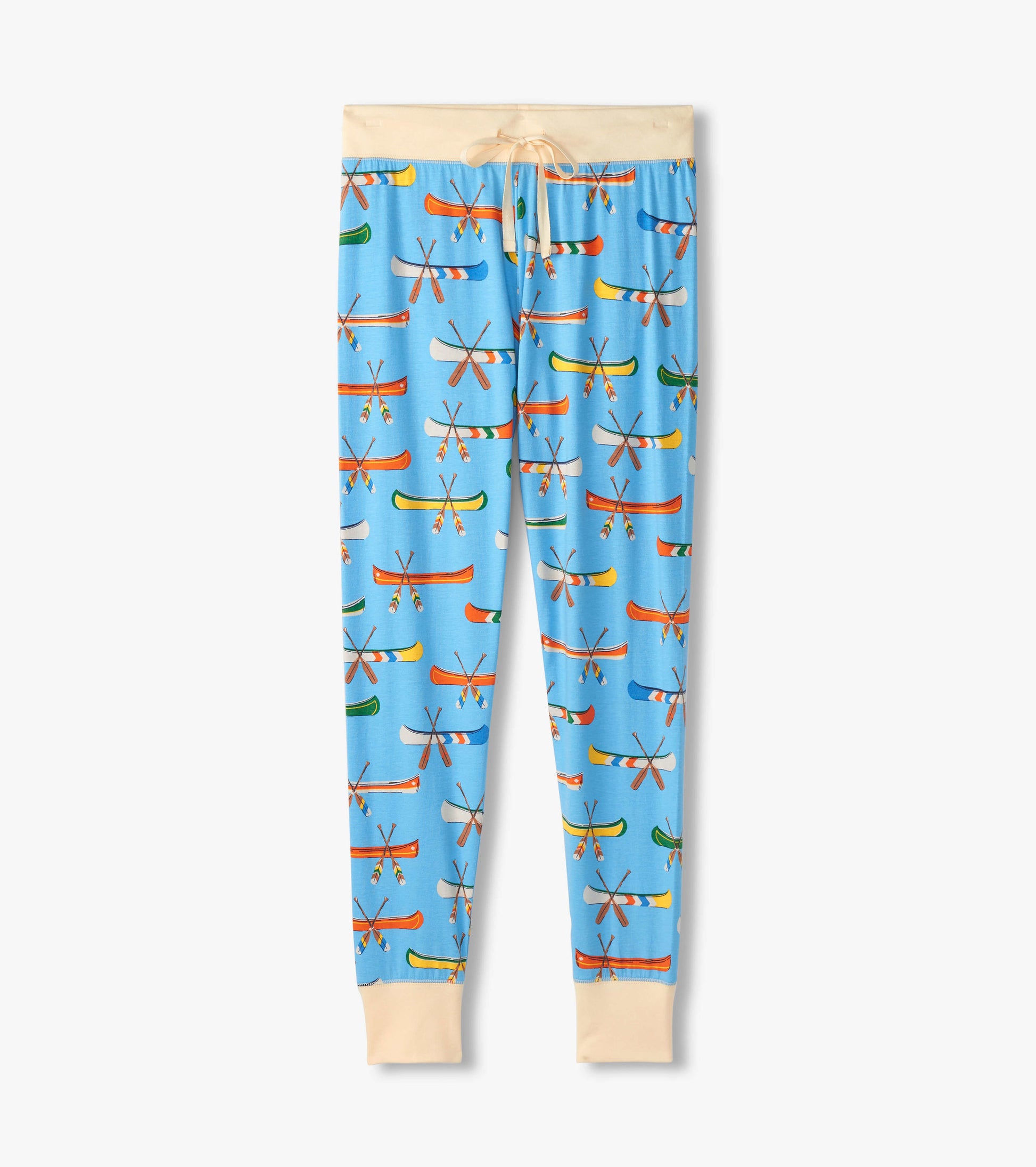 Light blue sleep leggings featuring a colorful canoe and paddle pattern, with a soft waistband and cuffs.