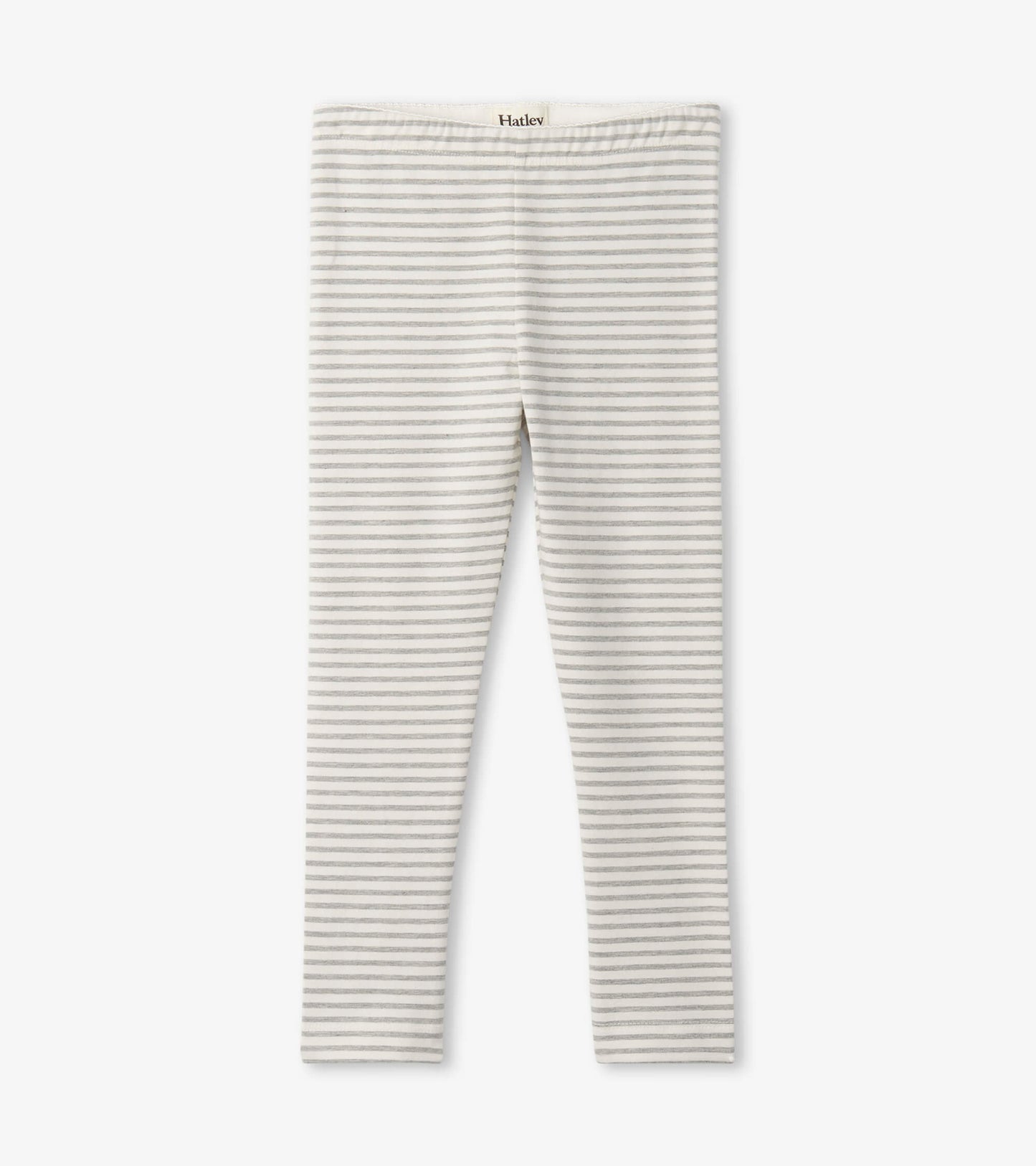 Light gray leggings with thin white stripes, featuring a comfortable elastic waistband. Suitable for casual wear.