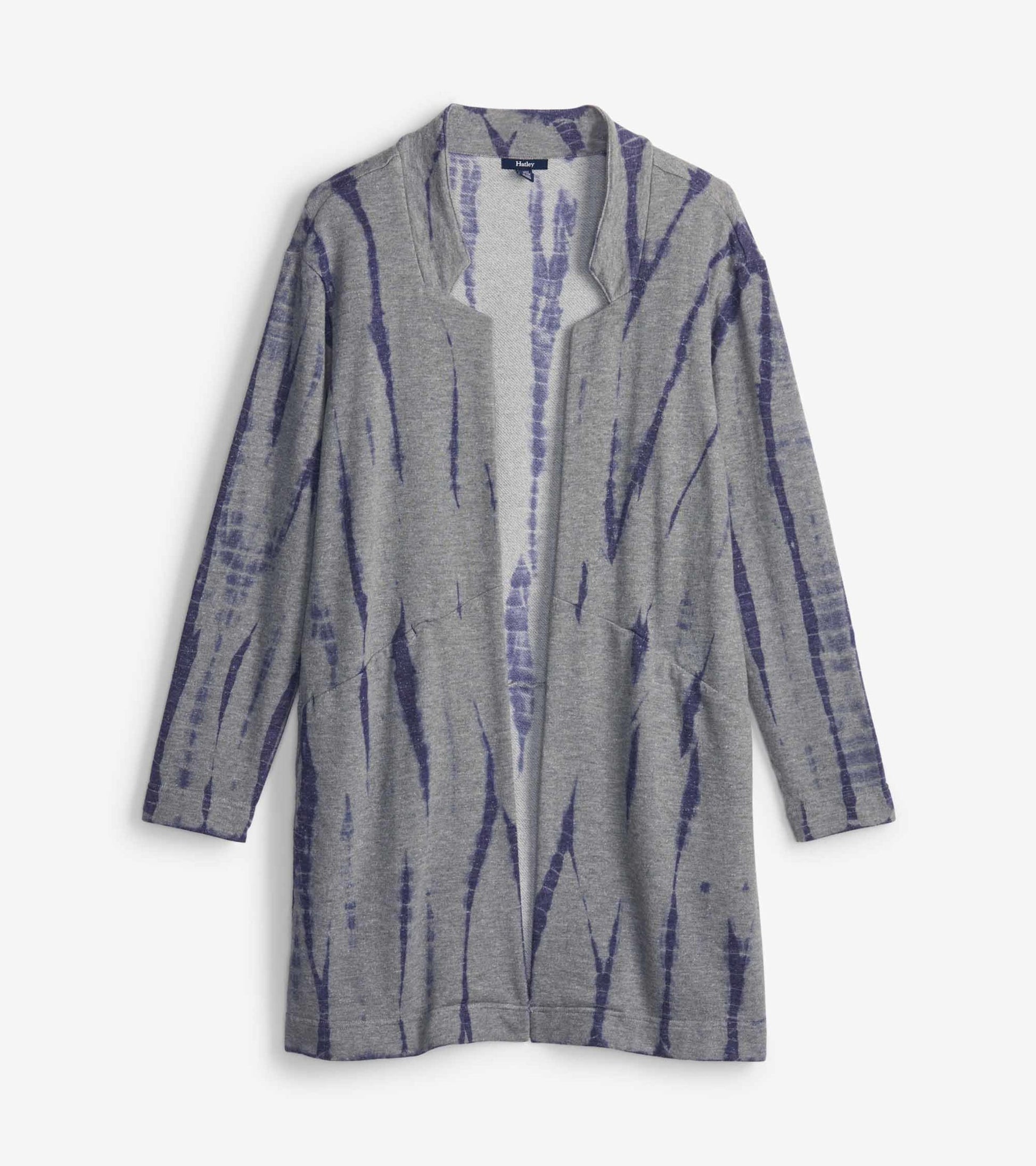 Gray cardigan with storm tie-dye pattern, featuring an open front and long sleeves.