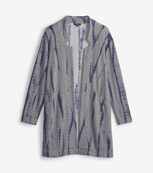 Gray cardigan with storm tie-dye pattern, featuring an open front and long sleeves.