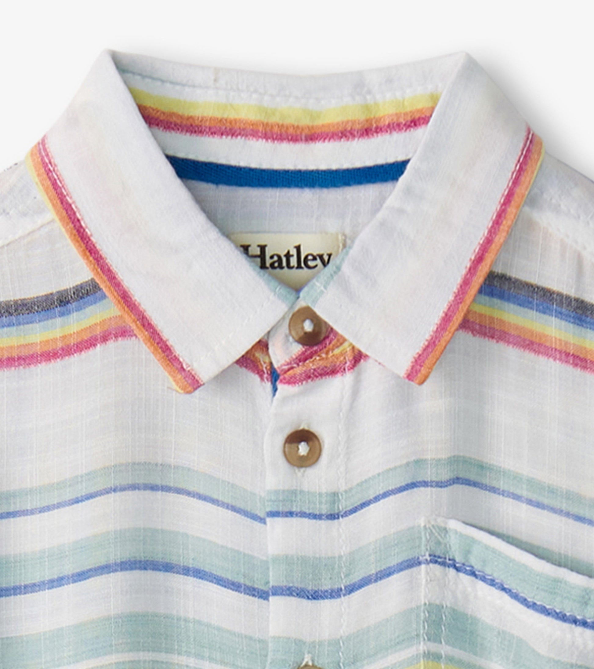 Short sleeve button-down shirt featuring a white base with colorful horizontal stripes and a classic collar.