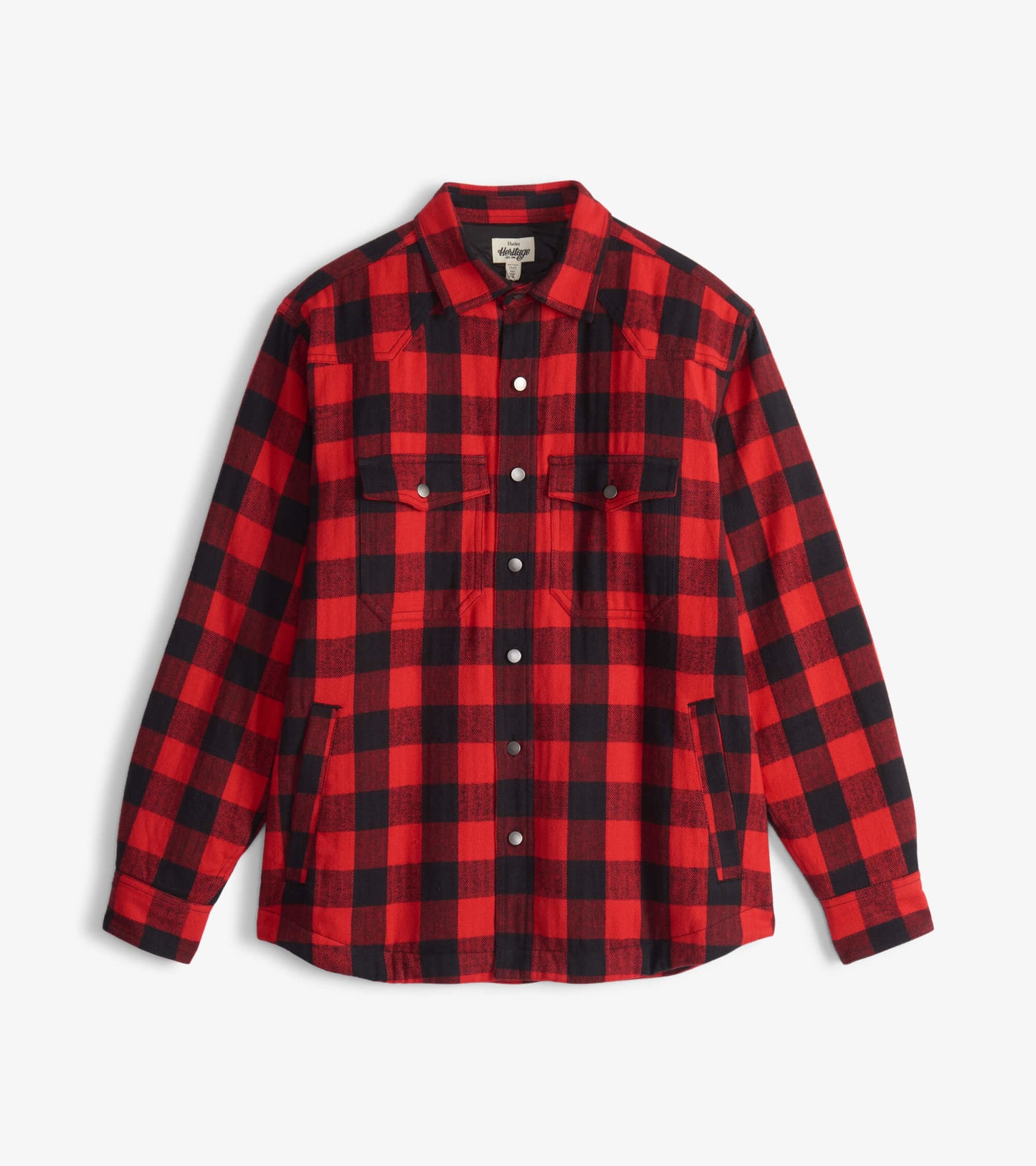 Red and black plaid quilted jacket with snap buttons and two chest pockets.