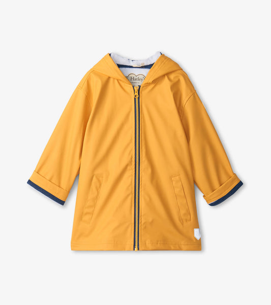 Yellow zip-up rain jacket with a hood, featuring navy trim and two front pockets. Suitable for kids.