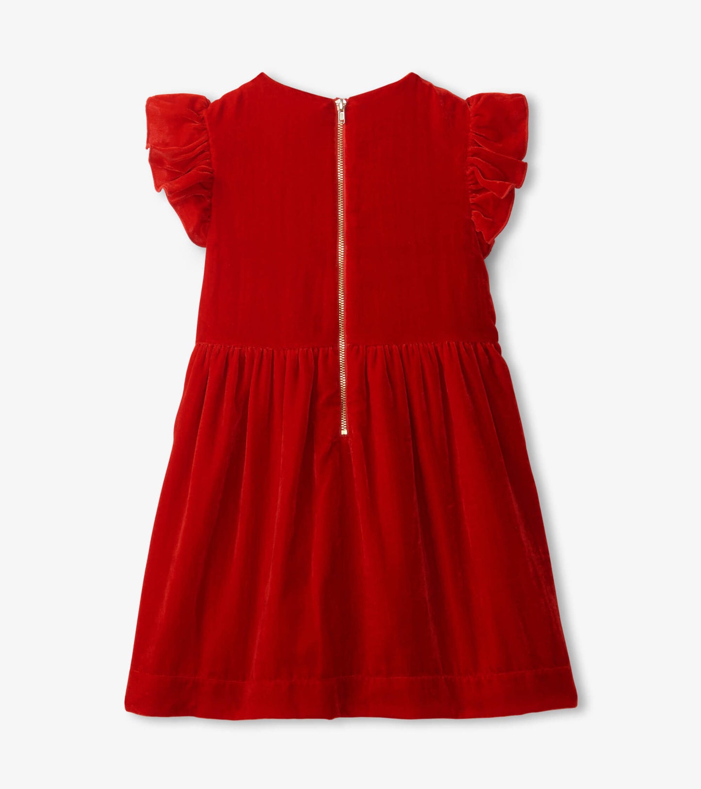 Red velvet dress with smocked panel and ruffled sleeves, featuring a back zipper and flared skirt.