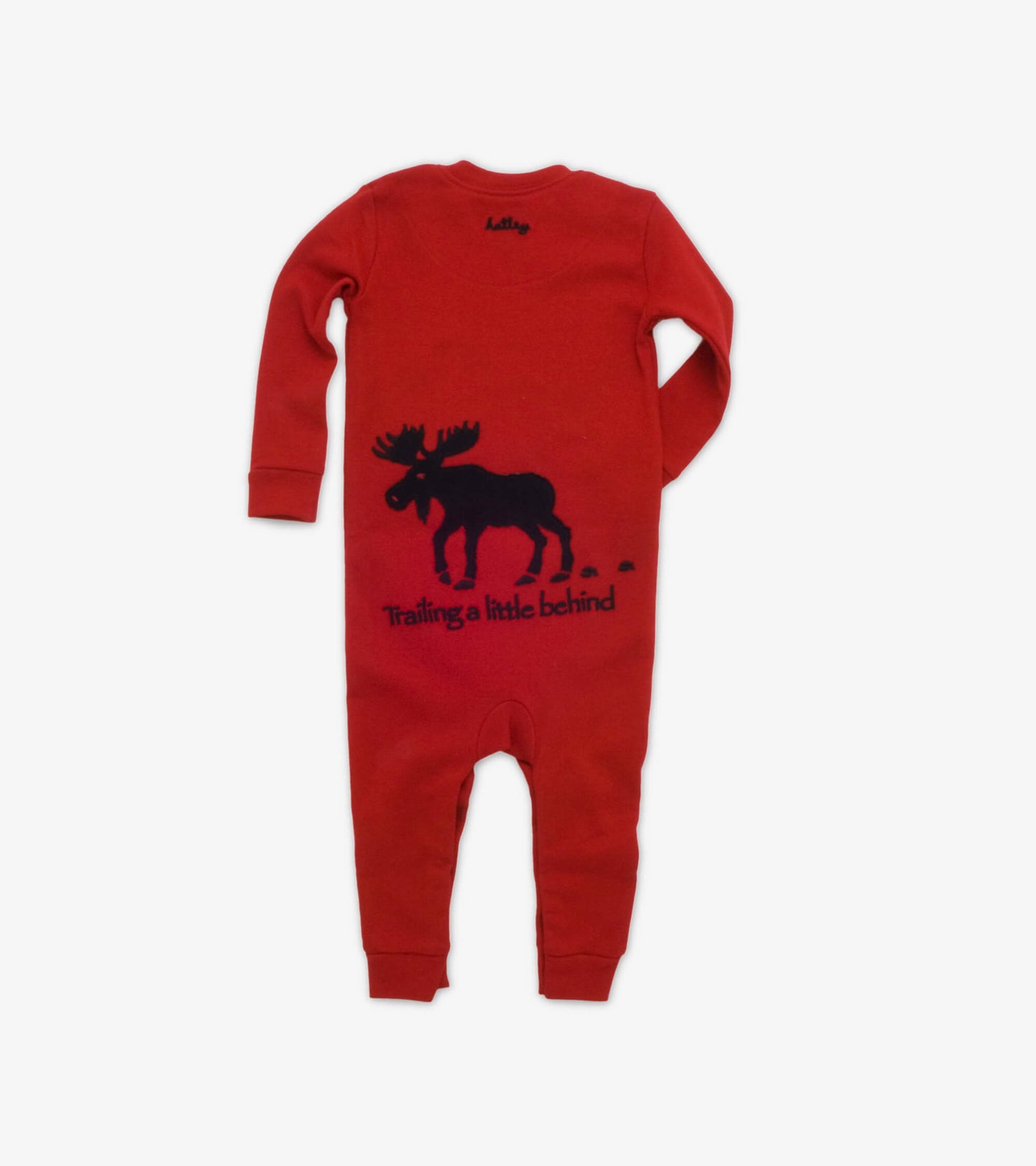 Red baby sleeper with long sleeves, featuring a black moose graphic and text on the back. Soft, cozy fabric.