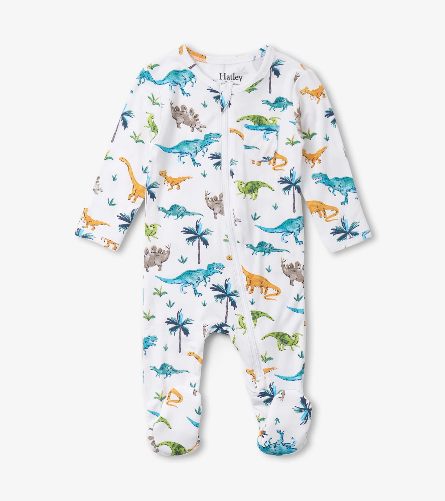 White footed sleeper featuring colorful dinosaur prints and palm trees, designed for baby boys.