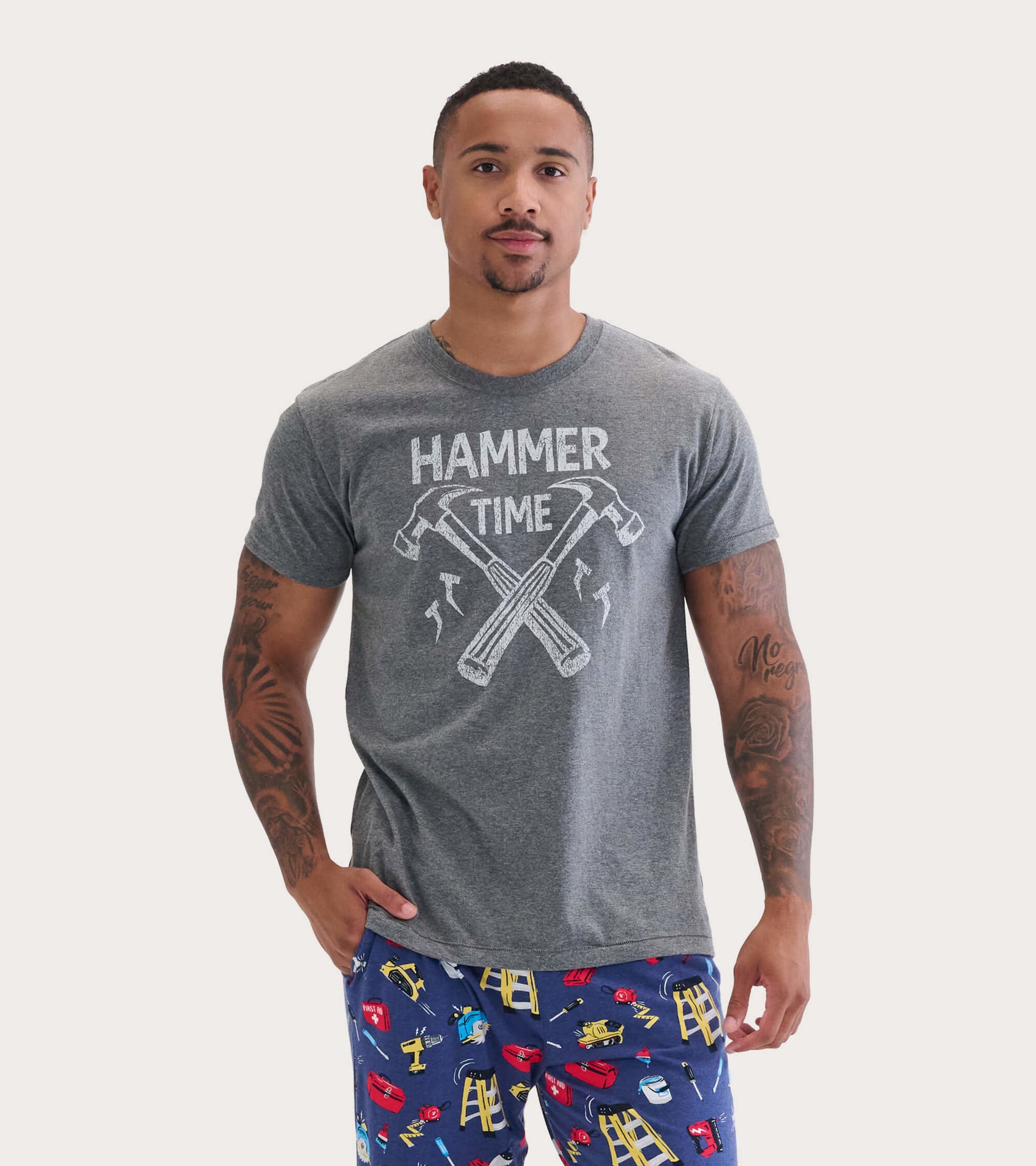 Gray short-sleeve tee featuring a graphic of crossed hammers and the text "HAMMER TIME.