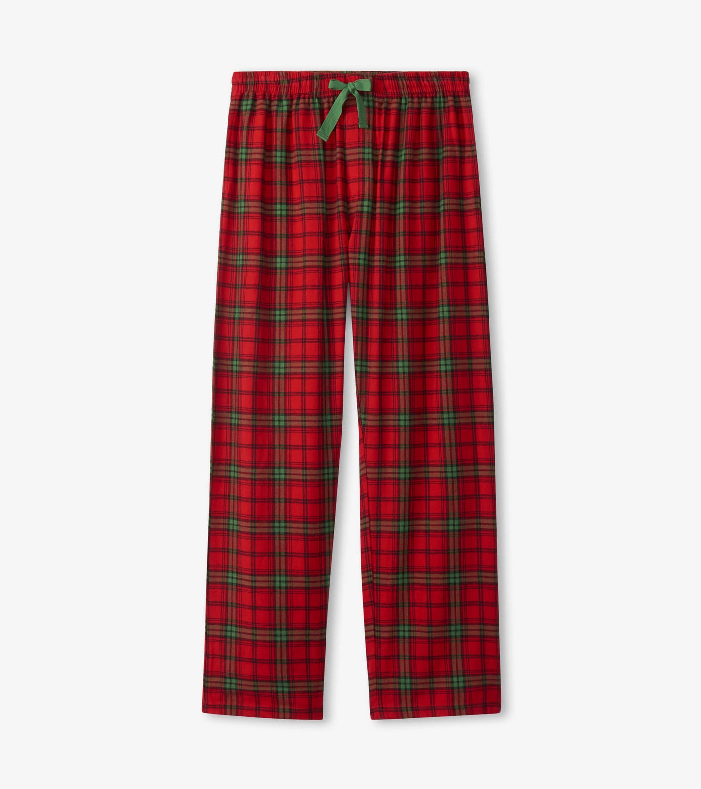 Red plaid flannel pajama pants with an elastic waistband and green drawstring, suitable for holiday lounging.