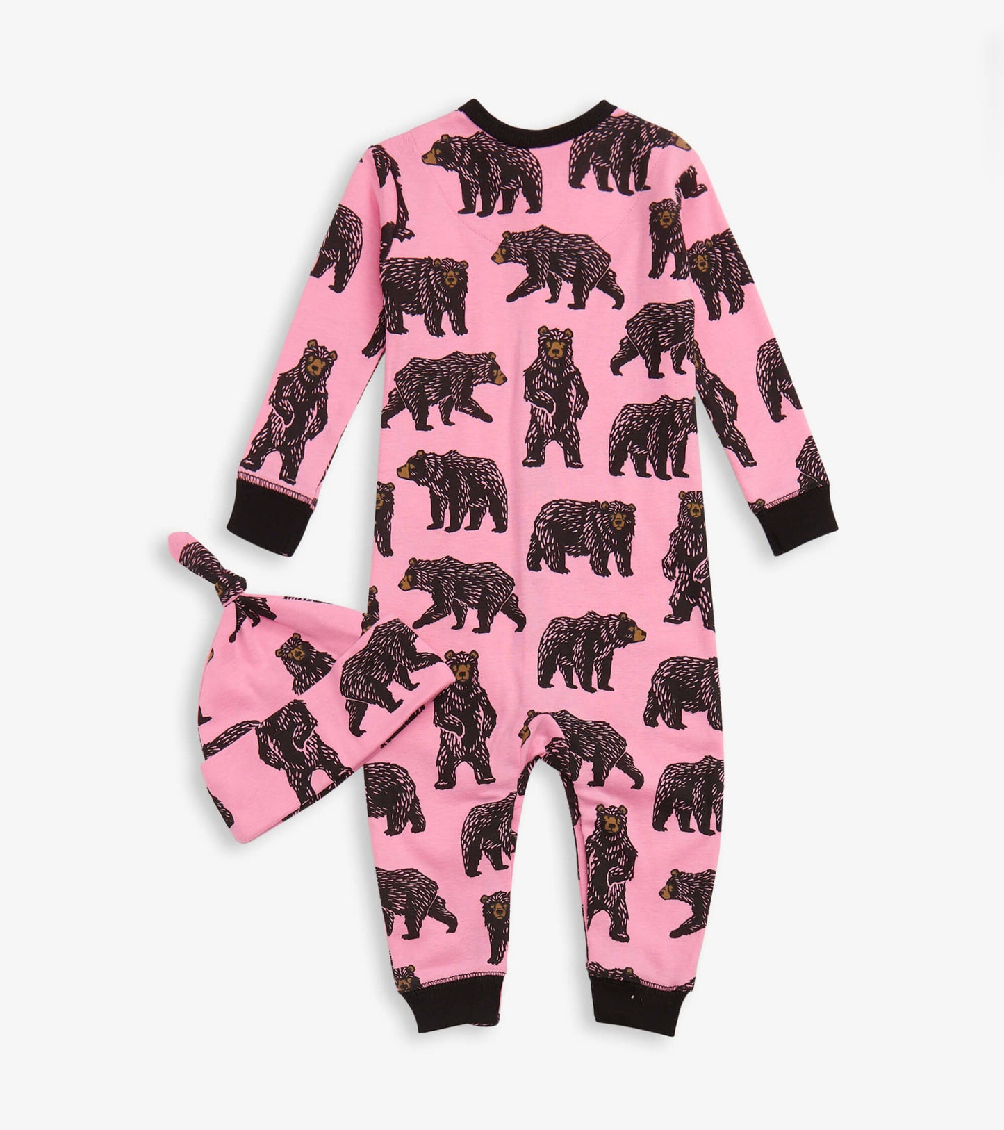 Pink baby sleeper with black bear print and matching hat, featuring long sleeves and black cuffs.