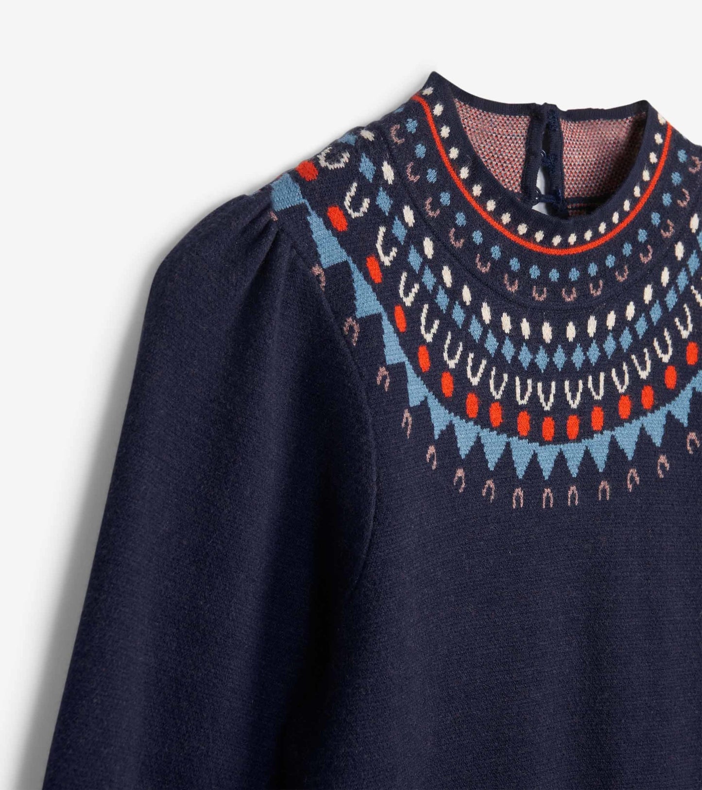 Navy sweater dress featuring a colorful patterned yoke and puff sleeves, ideal for casual wear.