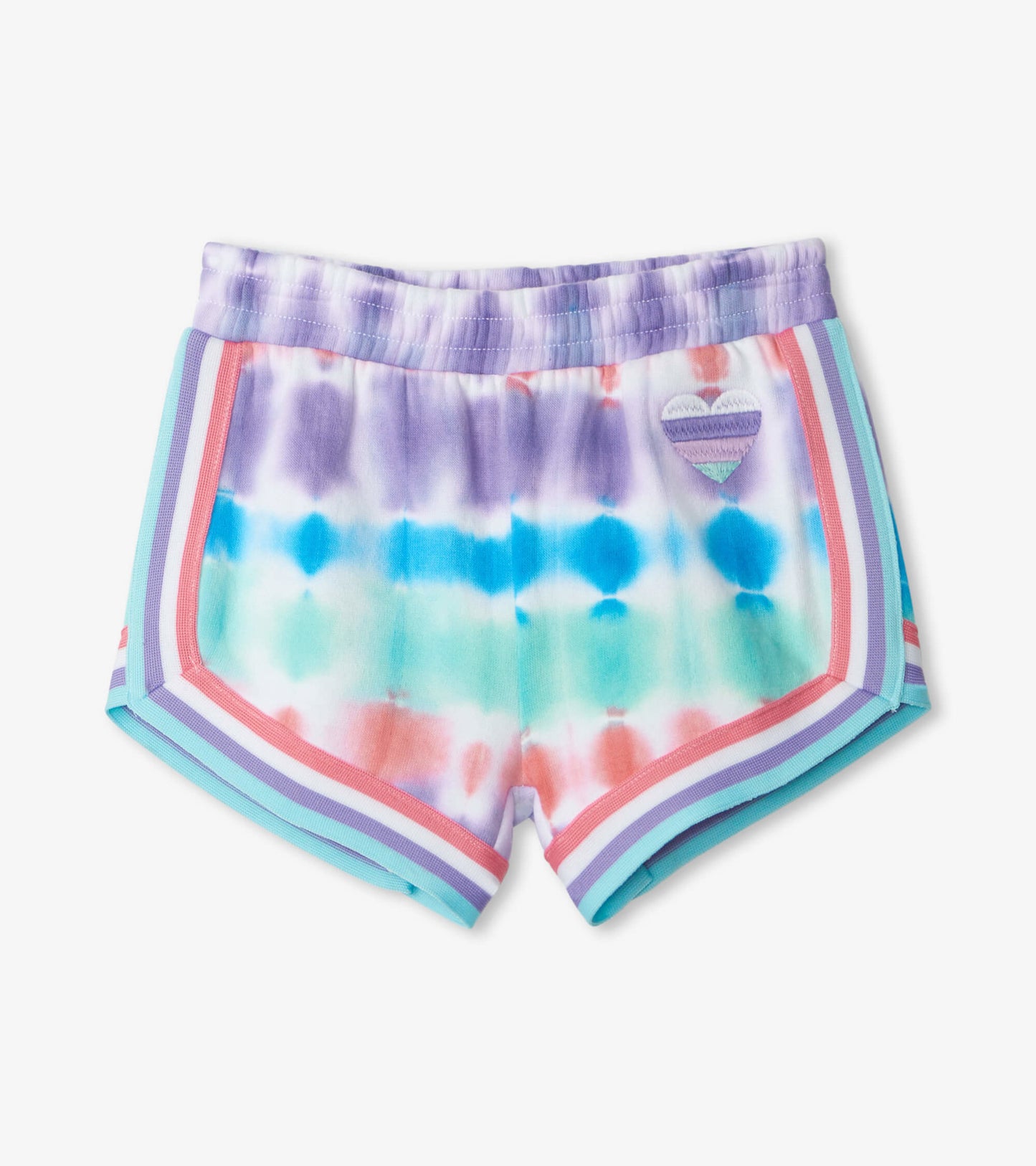 Colorful tie-dye French terry jogging shorts with a soft waistband and striped trim. Ideal for casual wear.