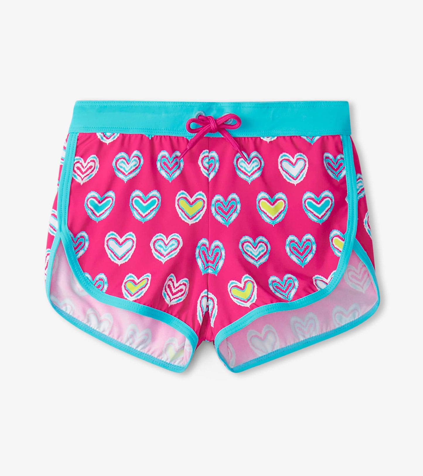 Pink swim shorts featuring a colorful heart pattern and a turquoise waistband, ideal for summer activities.