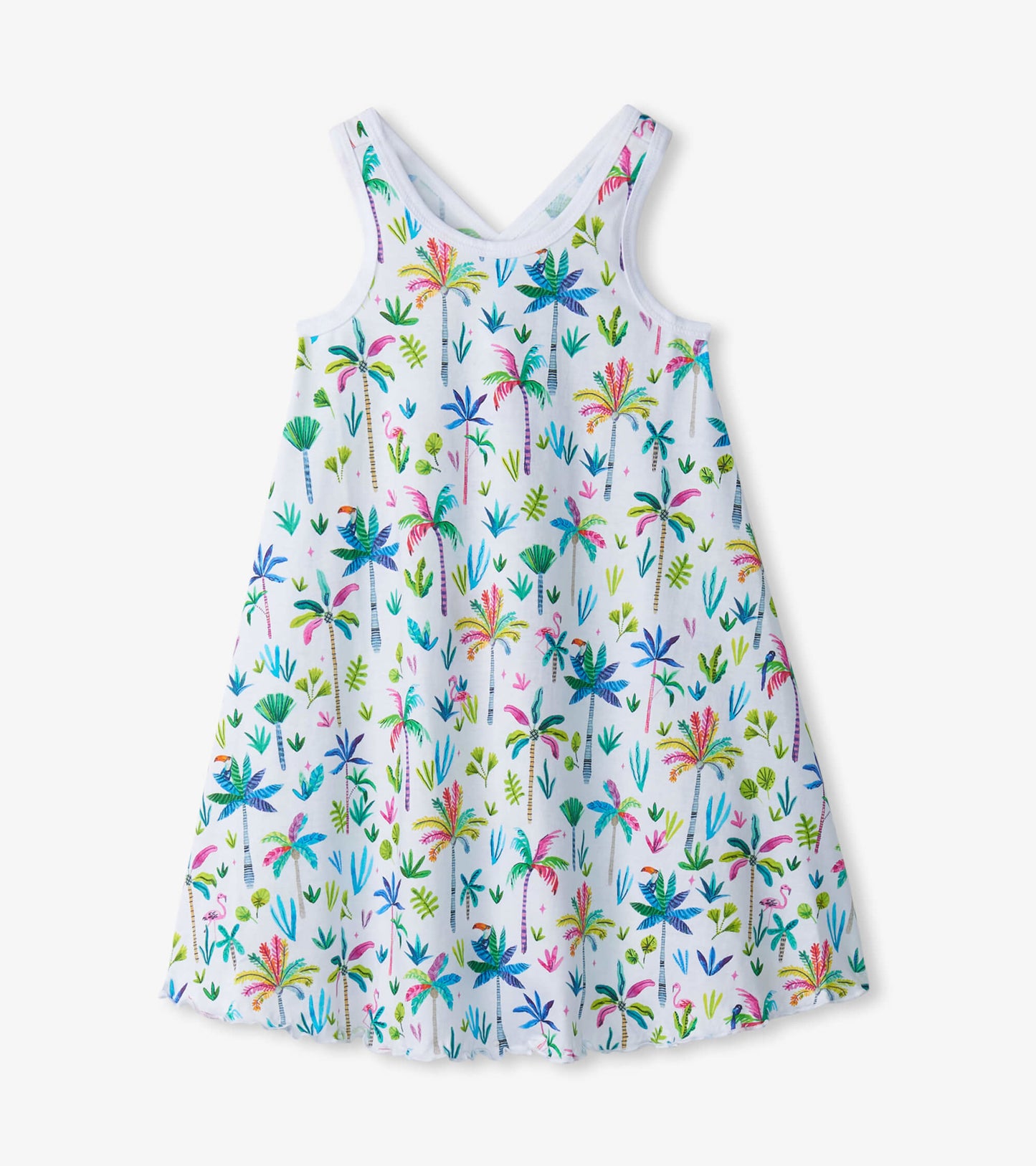 White trapeze dress featuring a colorful palm tree and floral print, perfect for warm weather wear.