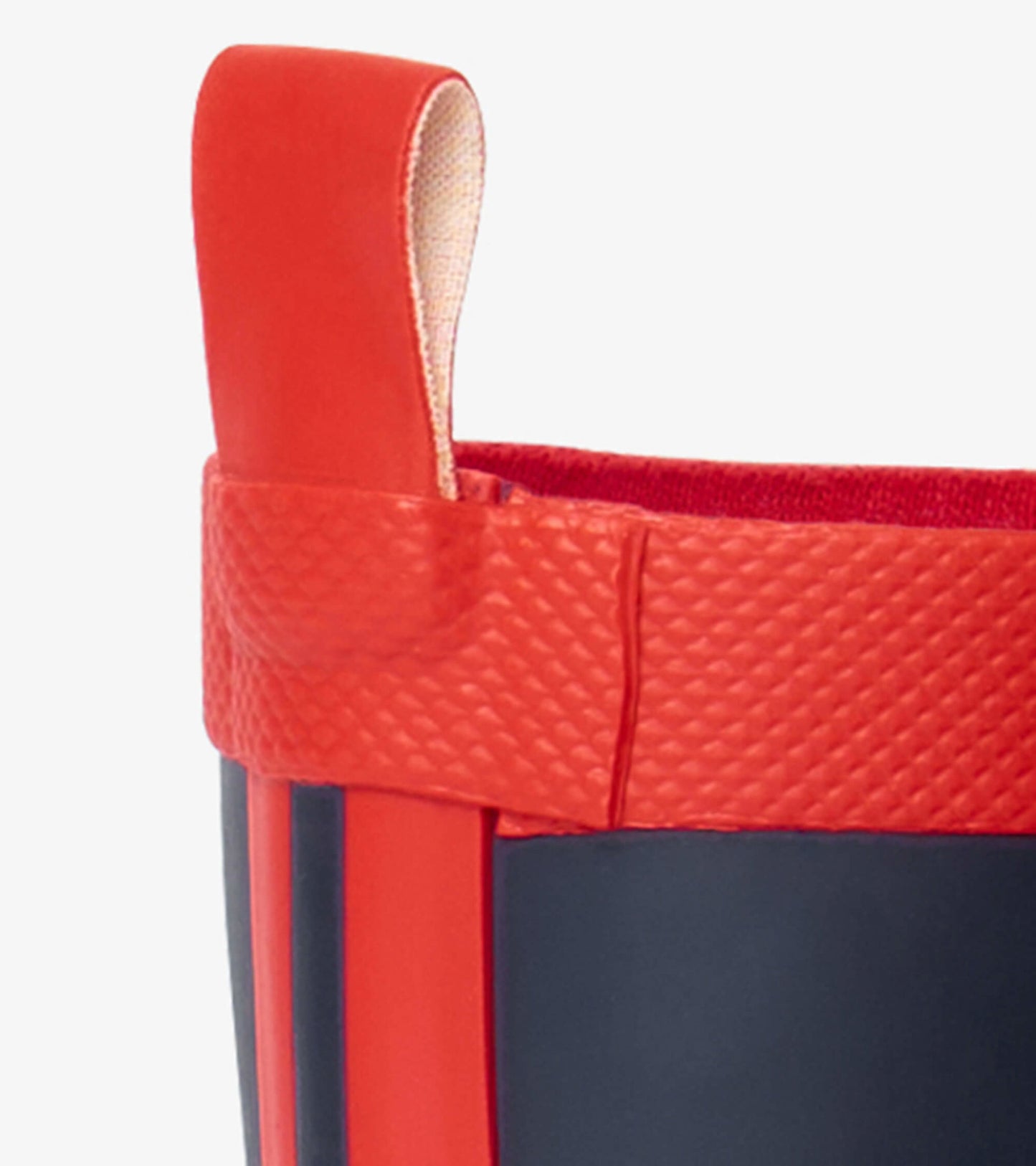 Navy and red matte rain boots with a textured finish and a red pull tab for easy wear.
