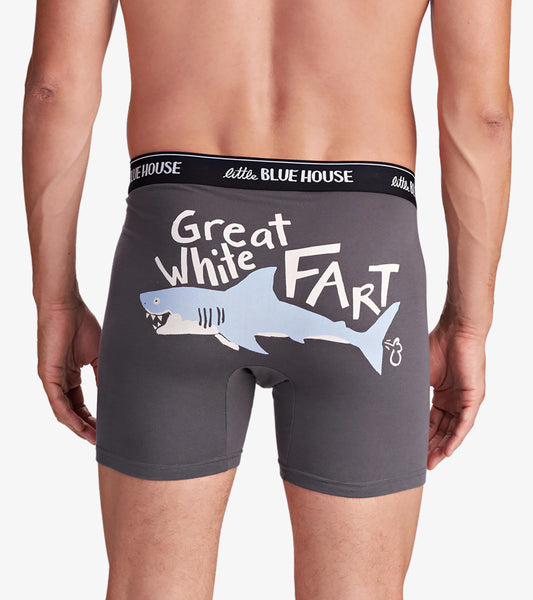Gray men's boxer briefs featuring a humorous shark graphic and text on the back.