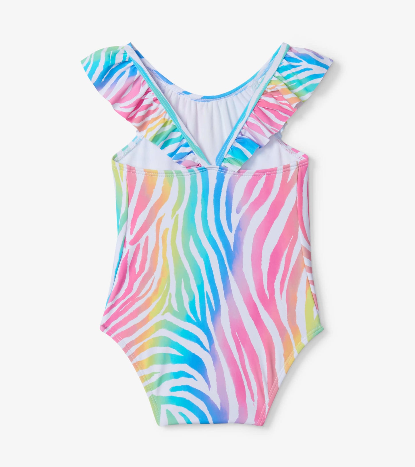 Colorful rainbow zebra print baby swimsuit with ruffles on the straps, designed for infants aged 3-24 months.