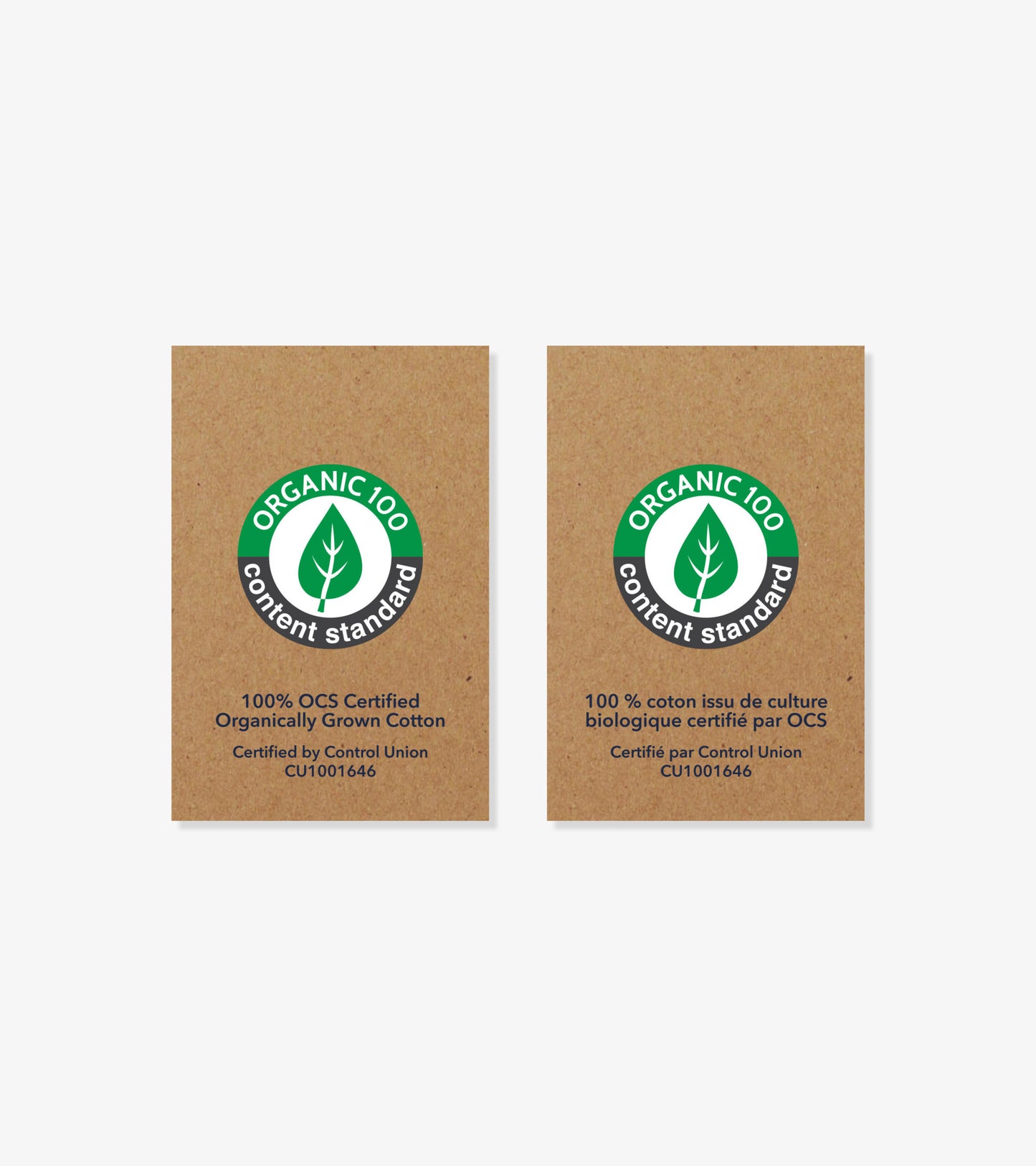 Organic cotton certification labels featuring green logos on a brown background, indicating 100% organically grown cotton.