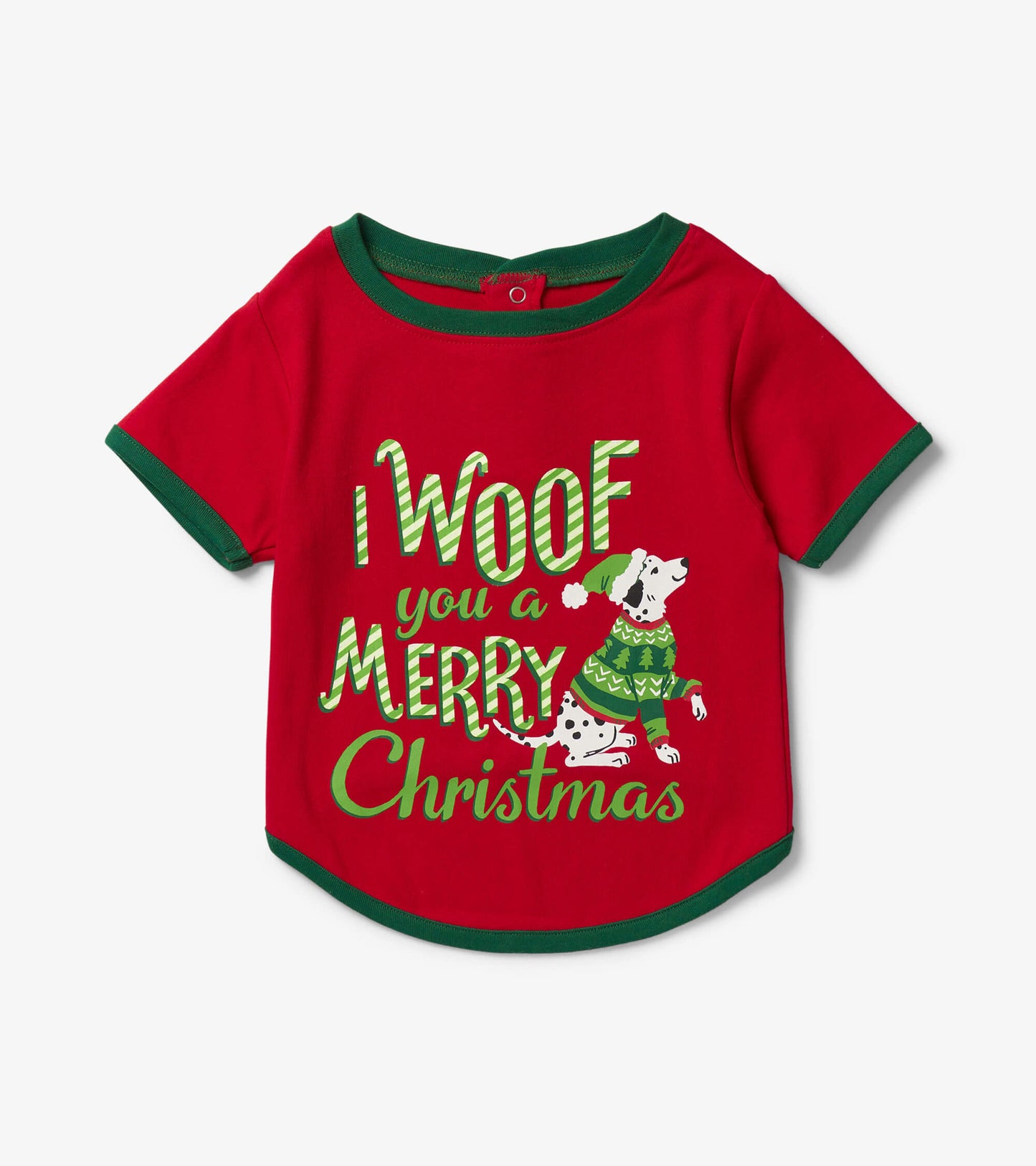 Red short-sleeve dog tee featuring a festive graphic of a dog in a green sweater with "I Woof you a Merry Christmas" text.