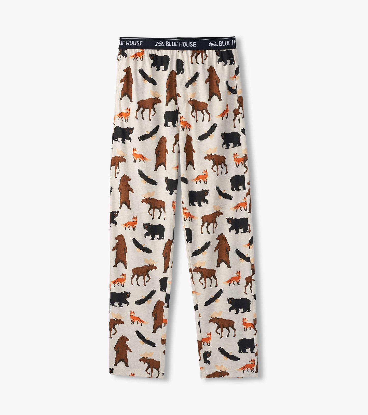 Cotton blend pajama pants featuring a wildlife pattern with bears, foxes, and moose on a light background.
