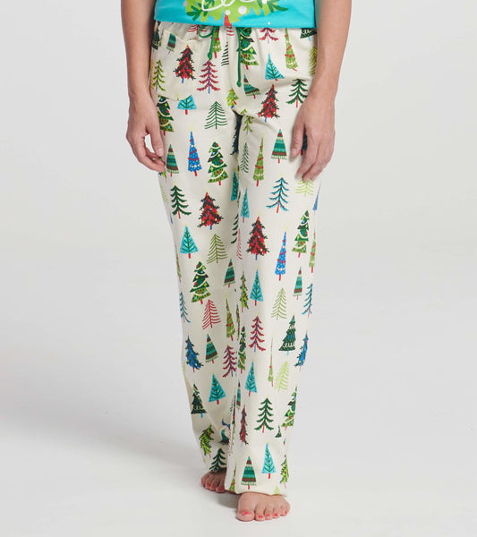 Cotton pajama pants featuring a festive tree pattern in green, red, and blue on a cream background.