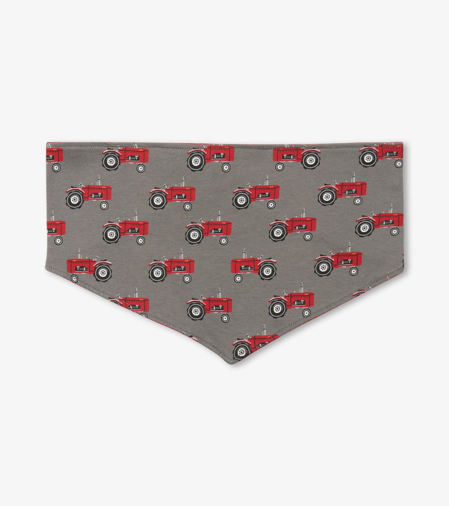 Gray dog bandana featuring a repeated pattern of red farm tractors. Suitable for small to extra-large dogs.