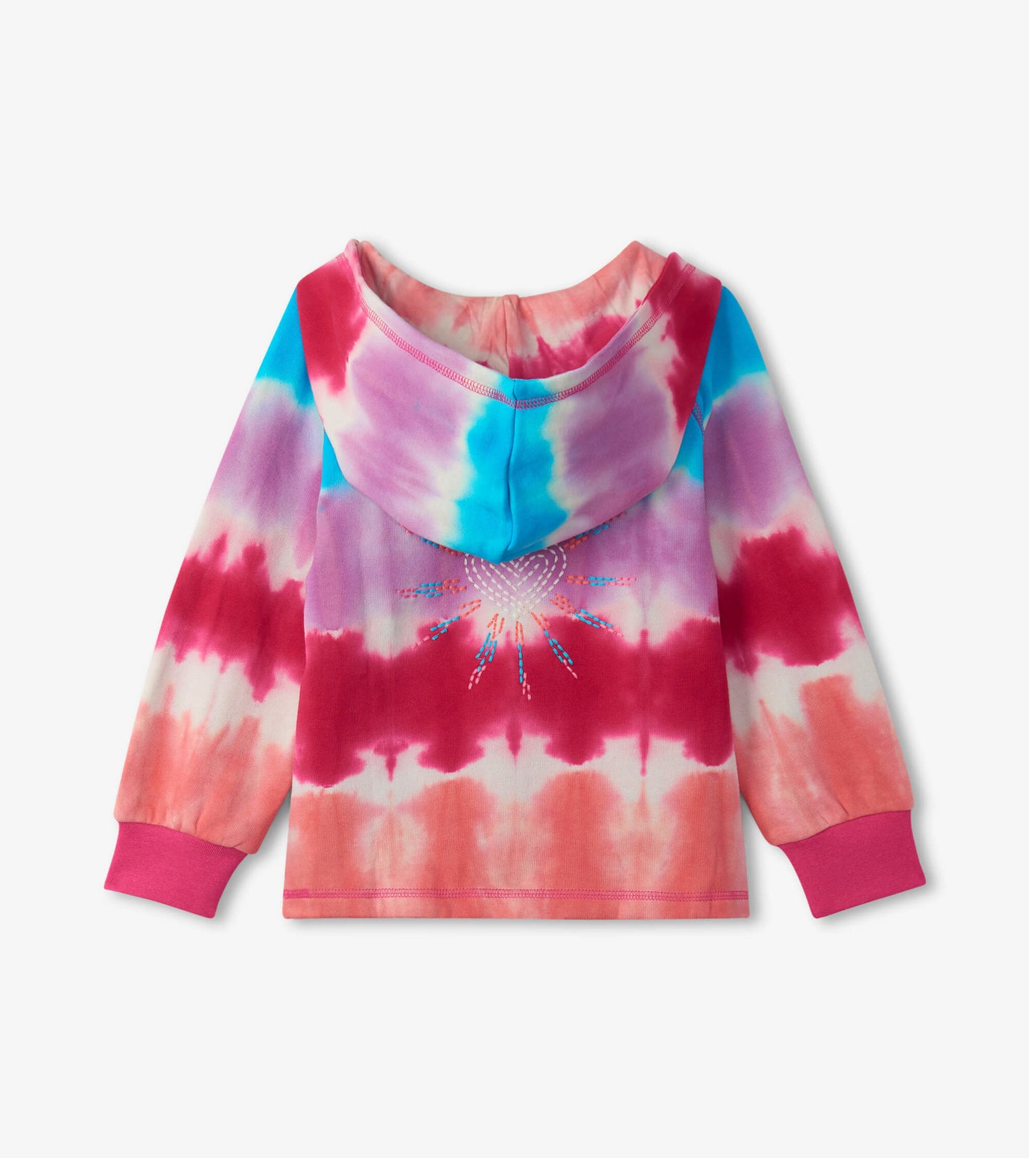 Colorful tie-dye hoodie featuring pink, blue, and purple hues with a decorative design on the back and pink cuffs.