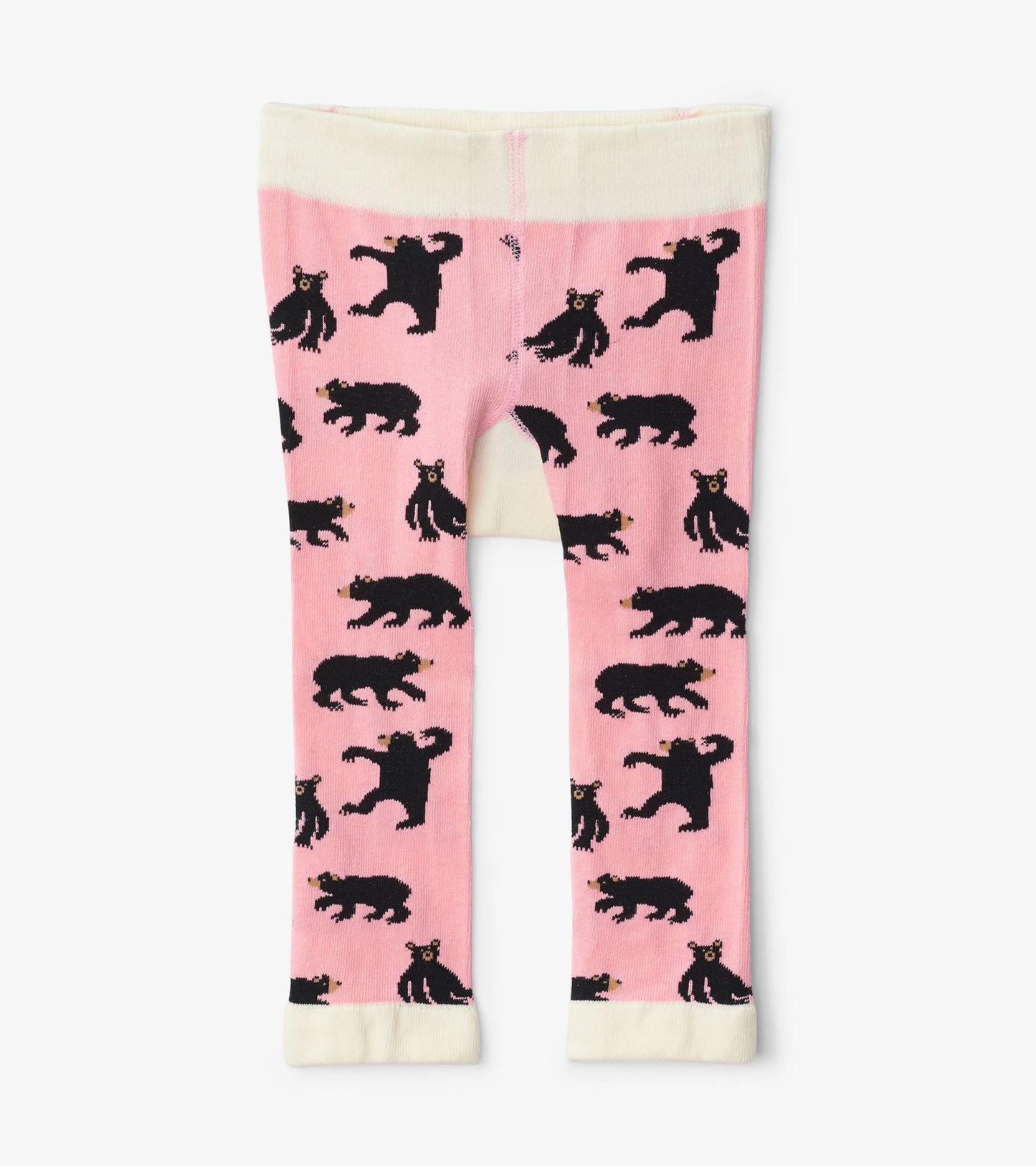 Pink baby tights featuring playful black bear patterns, with a soft waistband and contrasting cream cuffs.