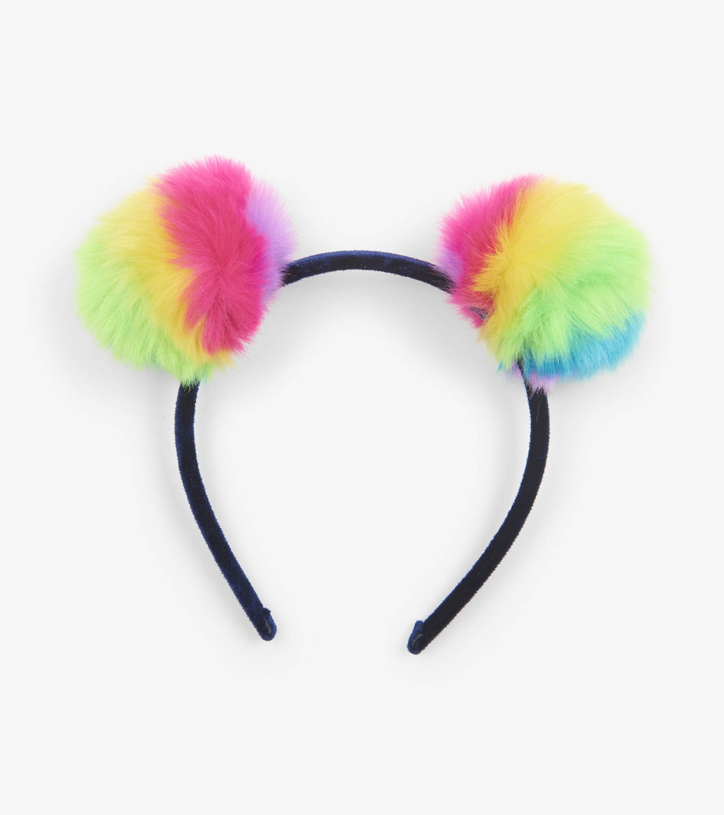 Colorful pom poms in pink, green, and yellow on a black headband, designed for kids.