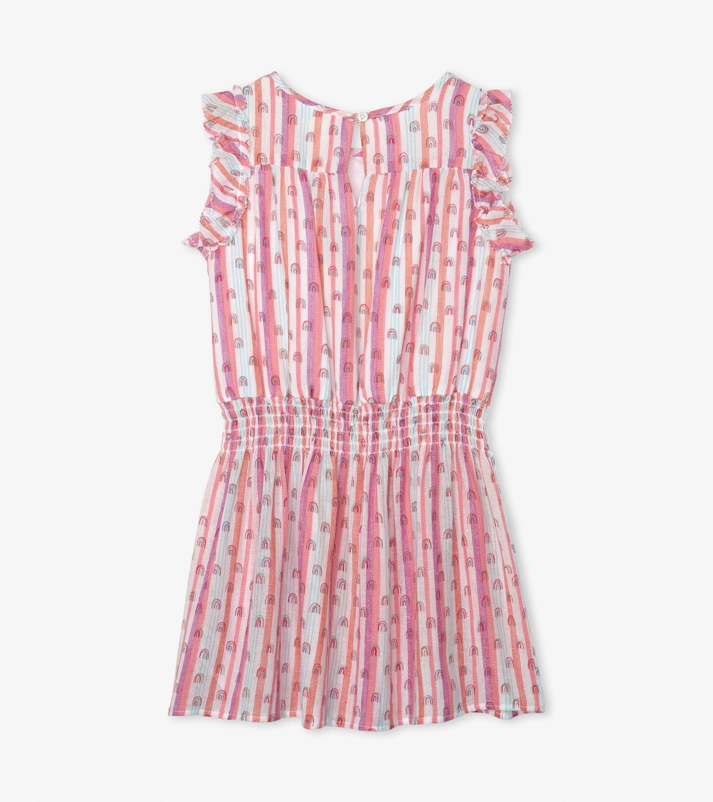 Pink dress with rainbow stripes, ruffled sleeves, and a smocked waist, suitable for playful summer wear.