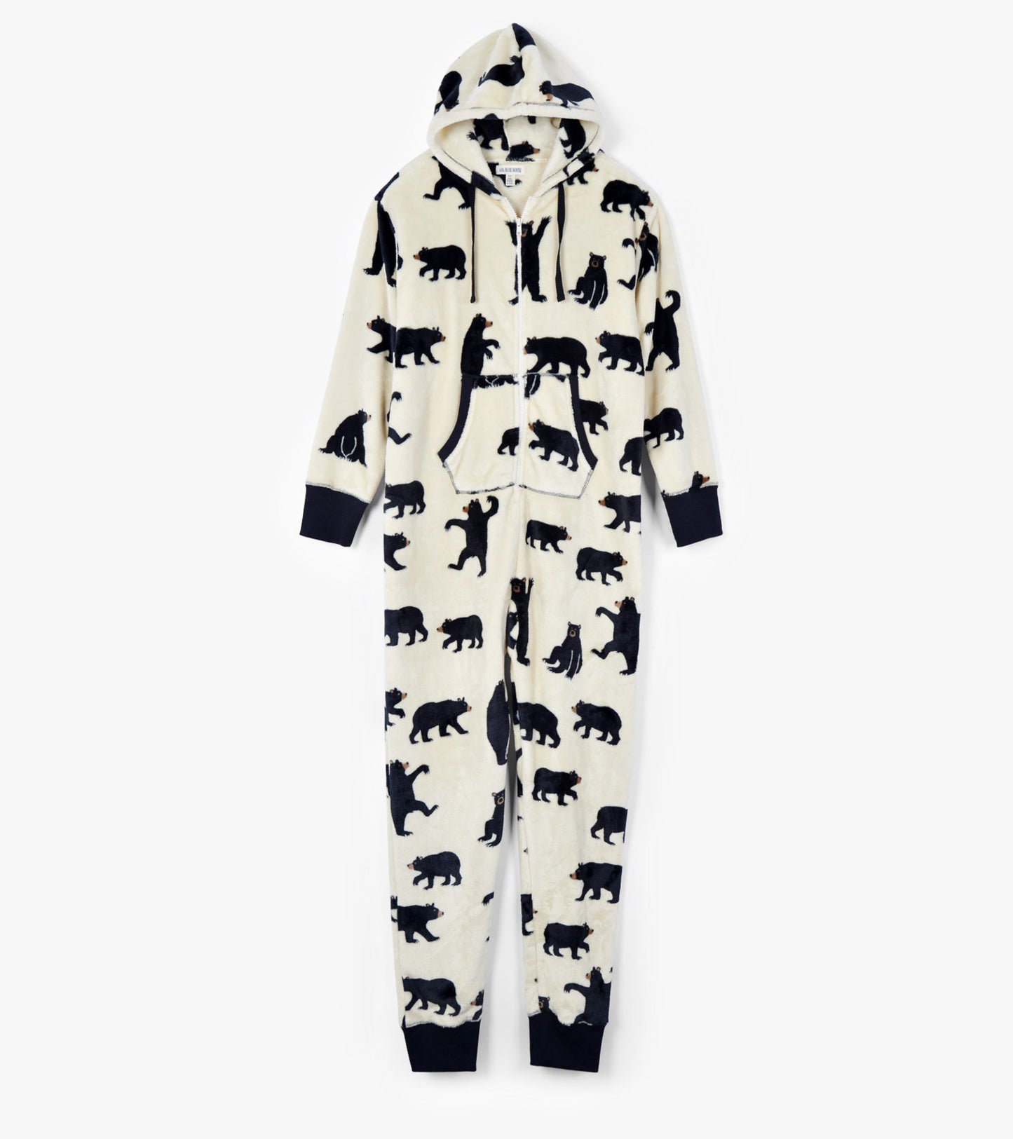 Cream fleece jumpsuit with black bear patterns, hood, and front pocket; available in multiple sizes.