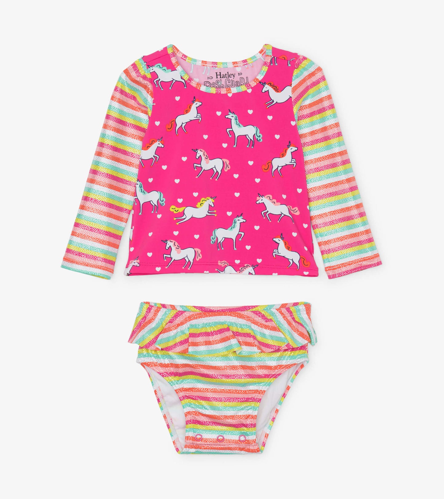 Pink long-sleeve rashguard with unicorn print and striped bikini bottom featuring ruffles. Suitable for babies 3-24 months.