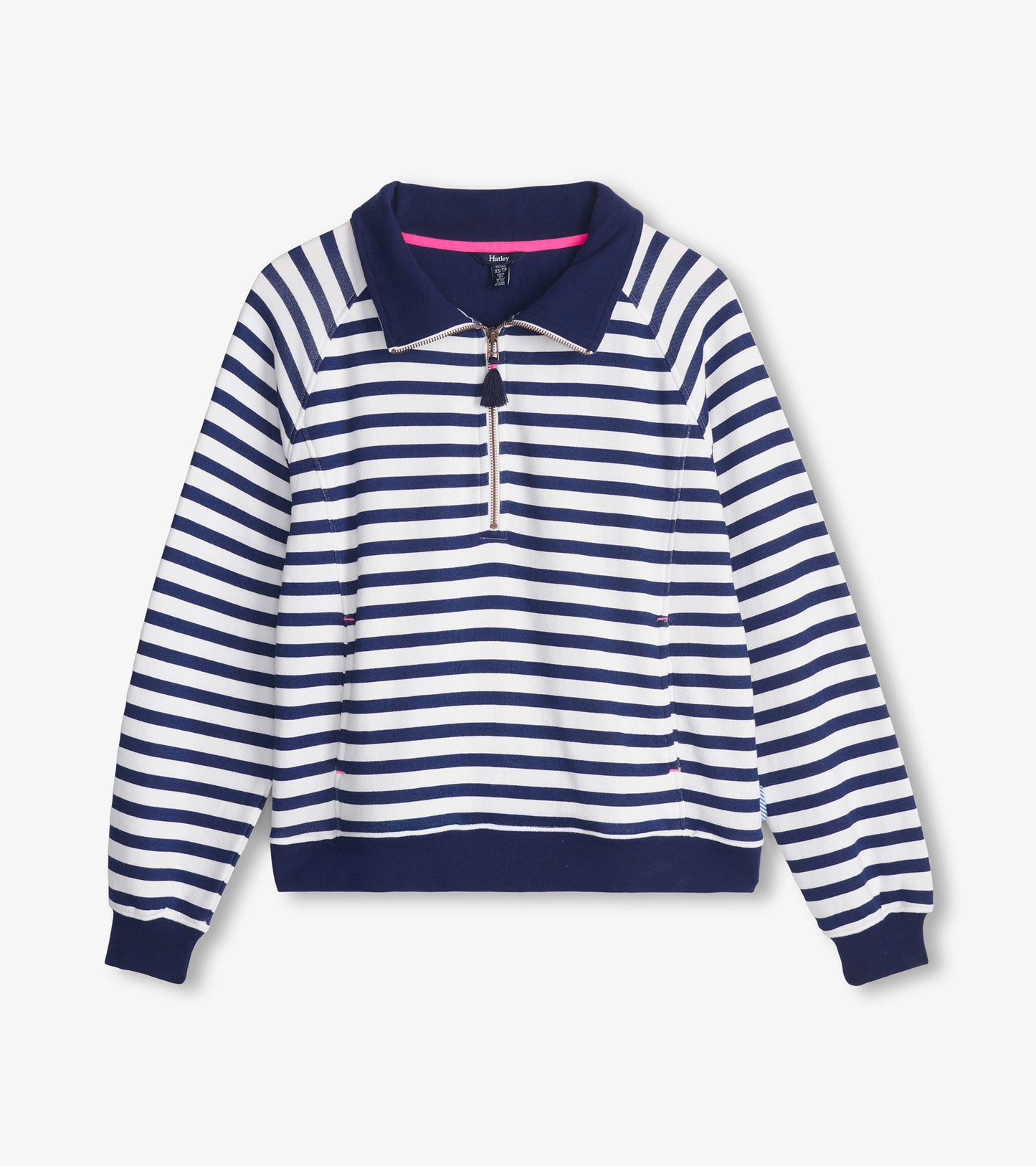 Navy and white striped mock neck pullover with a zip front and contrasting collar, featuring long sleeves and a relaxed fit.