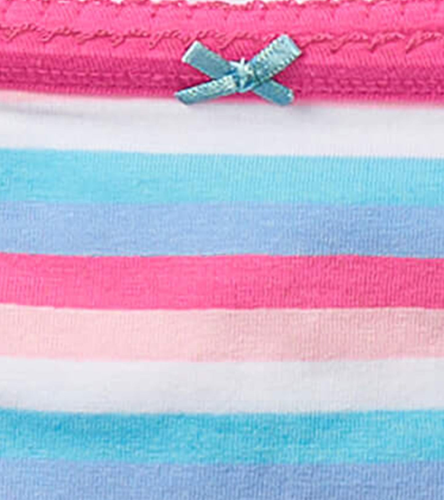 Colorful striped girls' brief underwear featuring pink, blue, and white stripes with a decorative bow detail.