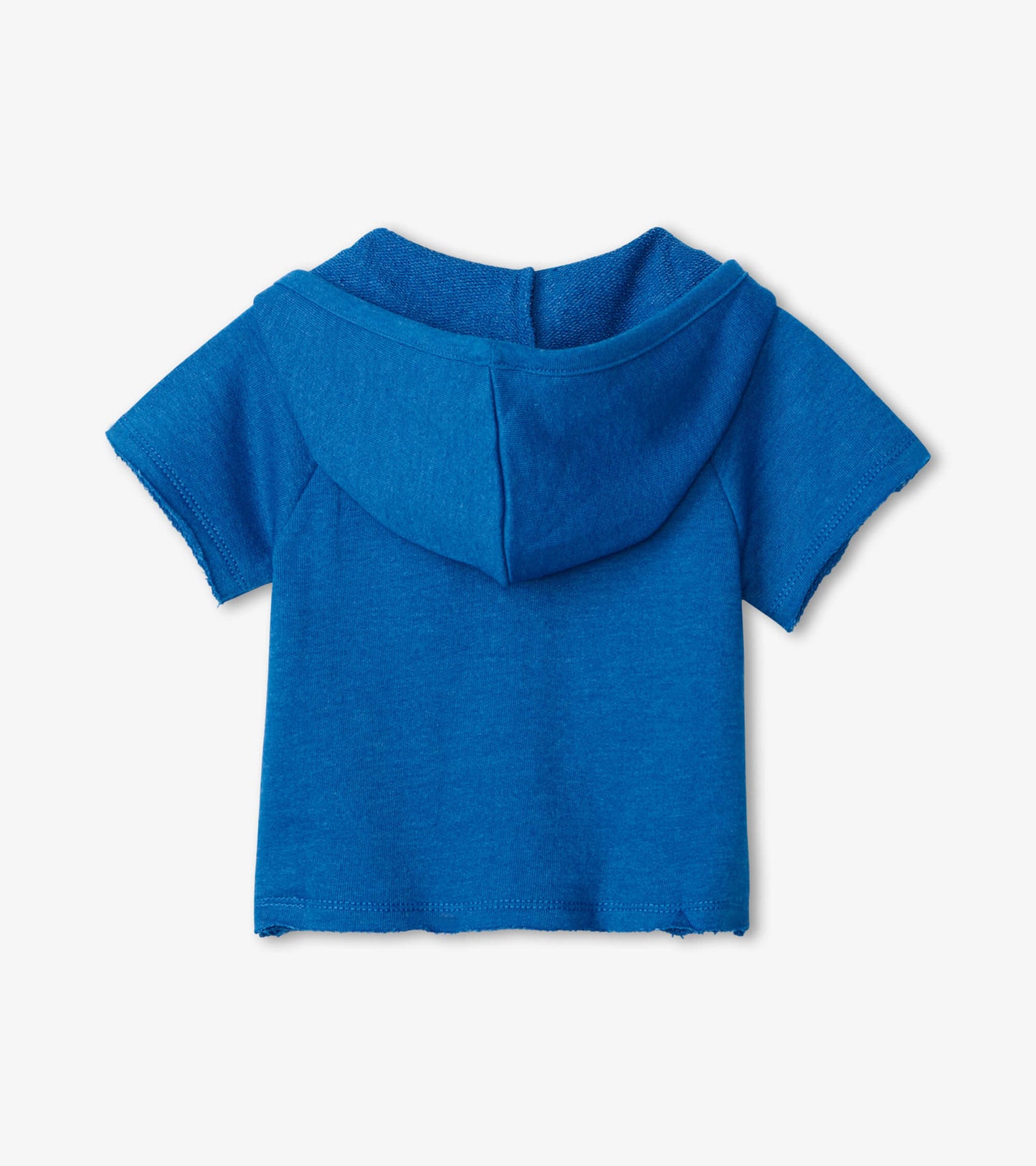 Blue melange short sleeve pullover hoodie with a hood, designed for babies, showing the back view.