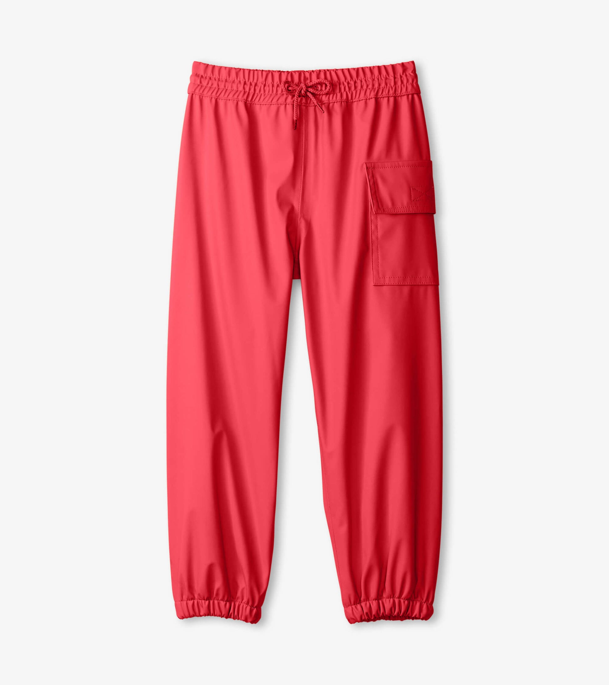 Bright red kids' rain pants with an elastic waistband and side pocket, made from water-resistant material.