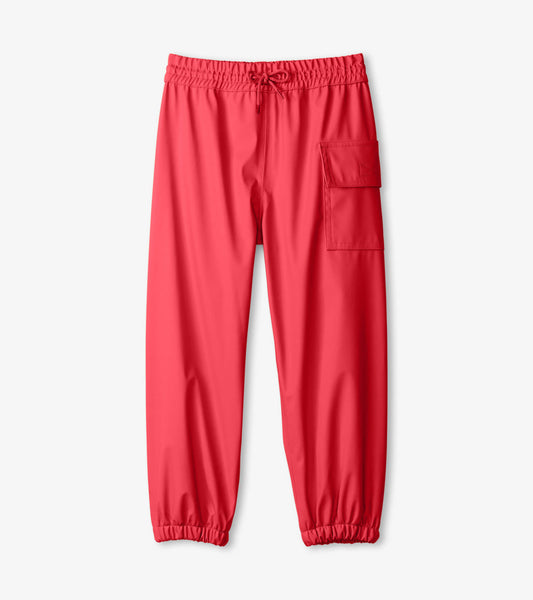 Bright red kids' rain pants with an elastic waistband and side pocket, made from water-resistant material.