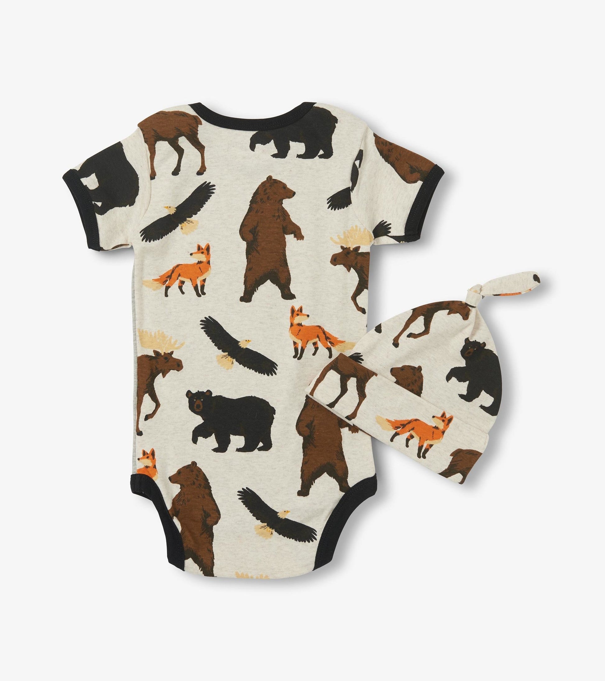 Light beige baby bodysuit and matching hat featuring colorful wildlife animal prints, including bears, foxes, and eagles.