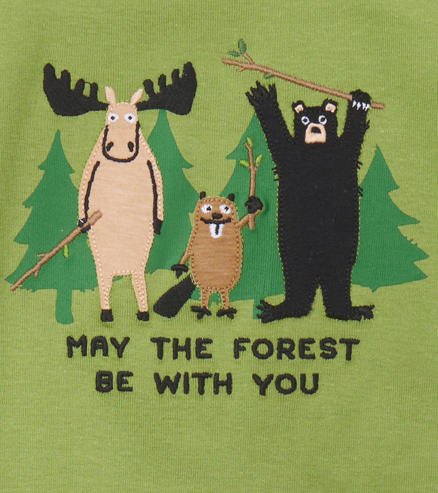 Green pajama set featuring playful animal appliqués: a moose, beaver, and bear among trees.