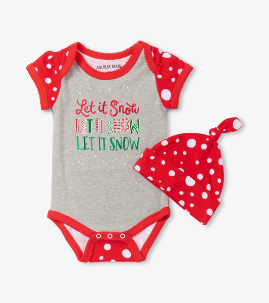 Gray bodysuit with red polka dot sleeves and matching hat, featuring "Let it Snow" text in colorful print.