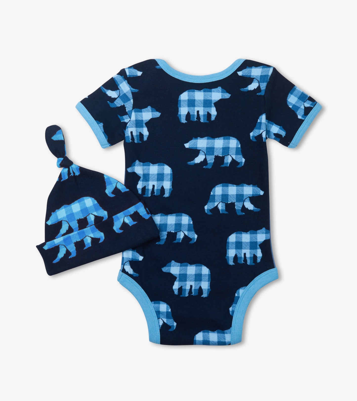 Navy blue bodysuit with light blue bear patterns and matching hat, suitable for infants aged 3-24 months.