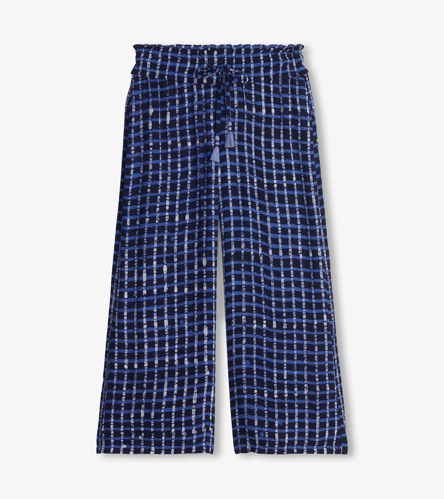 Wide-leg pants featuring a painted plaid pattern in navy and blue tones with an elastic waistband and drawstring.