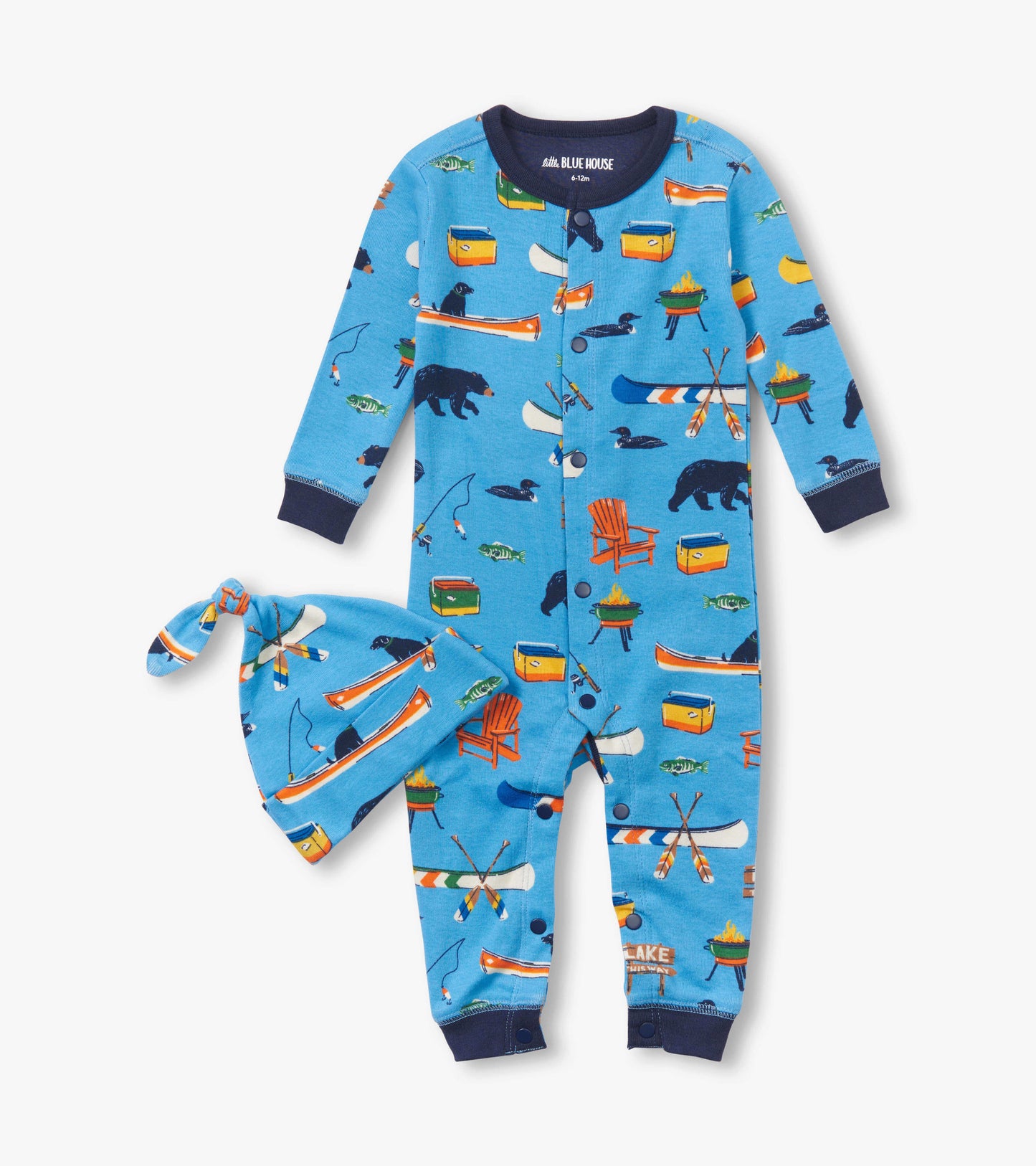 Blue baby sleeper with fishing and camping patterns, paired with a matching hat, suitable for infants 3-24 months.
