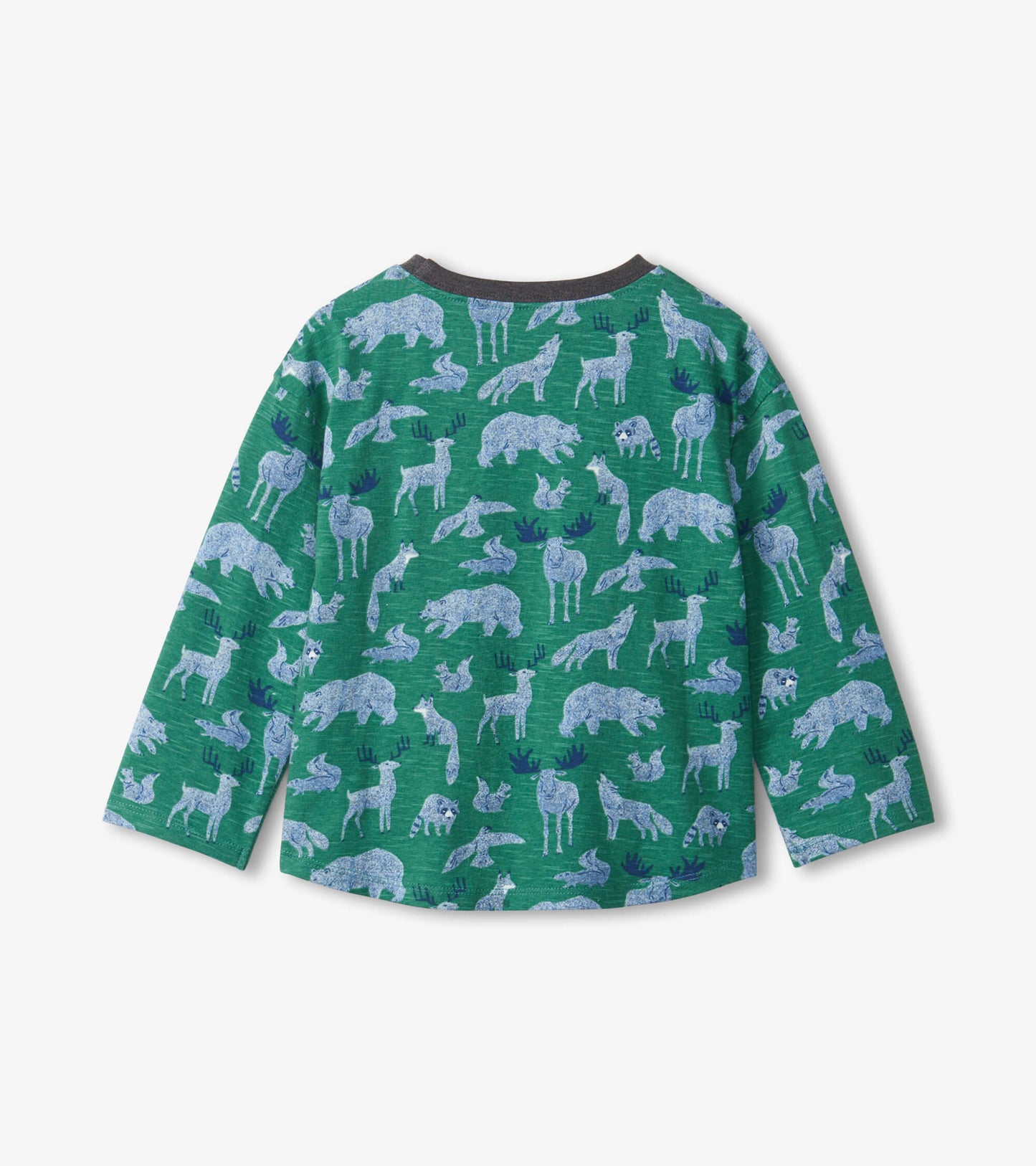 Green long sleeve t-shirt featuring a playful pattern of various forest animals in blue tones. Back view shown.