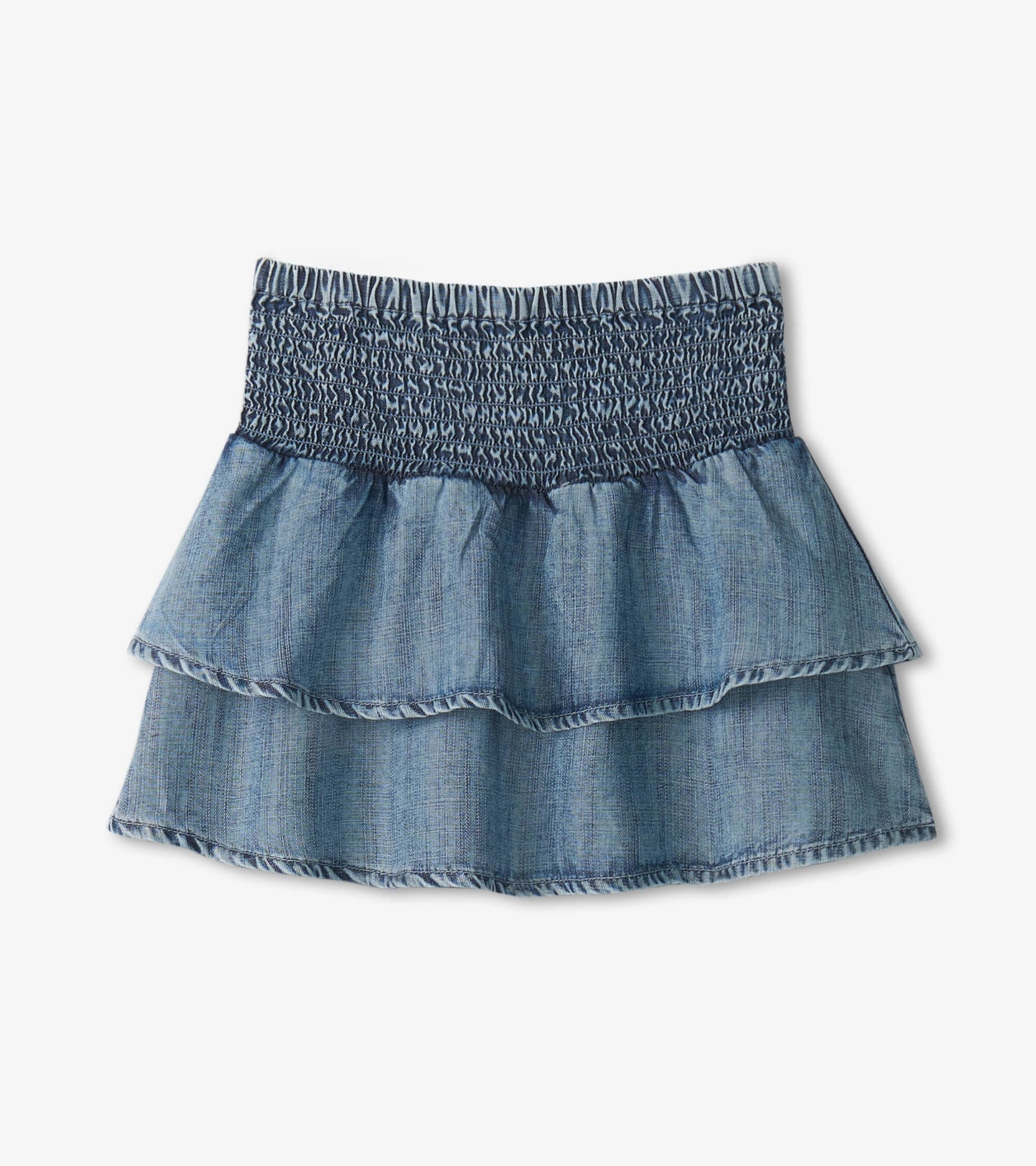 Light blue Tencel smocked skirt with layered ruffles and a stretchy waistband. Suitable for casual wear.