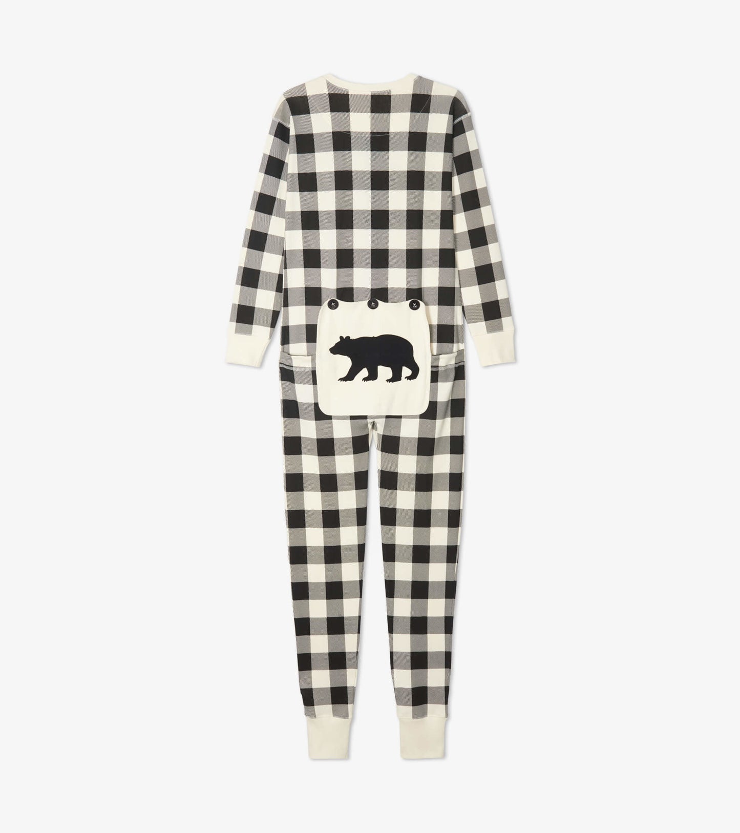 Cream plaid adult onesie featuring a bear patch on the back and ribbed cuffs, designed for comfort and warmth.